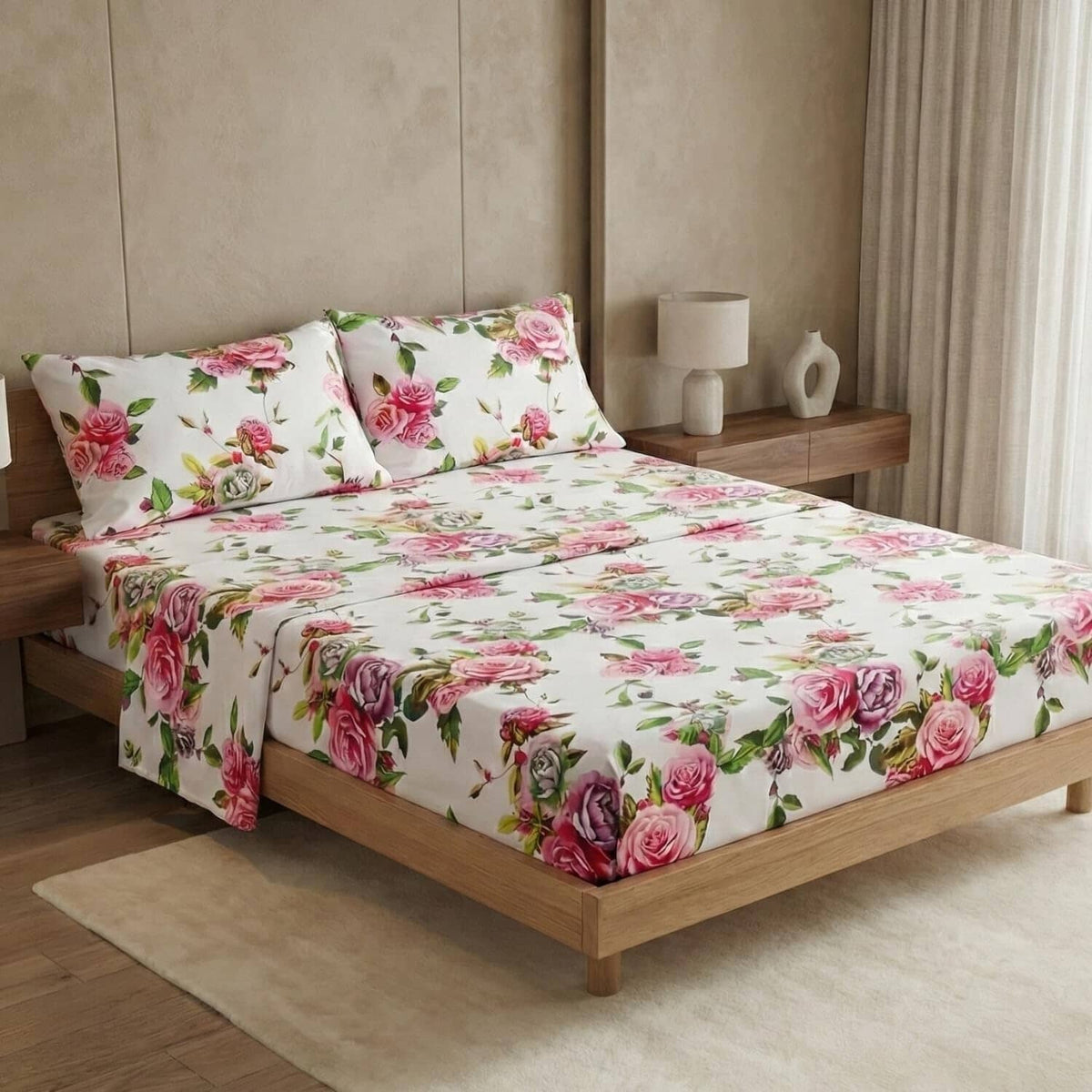 DaDa Bedding Romantic Roses Lovely Spring Pink Floral Garden Fitted & Flat Bed Sheet Set w/ Pillow Cases (JHW879)