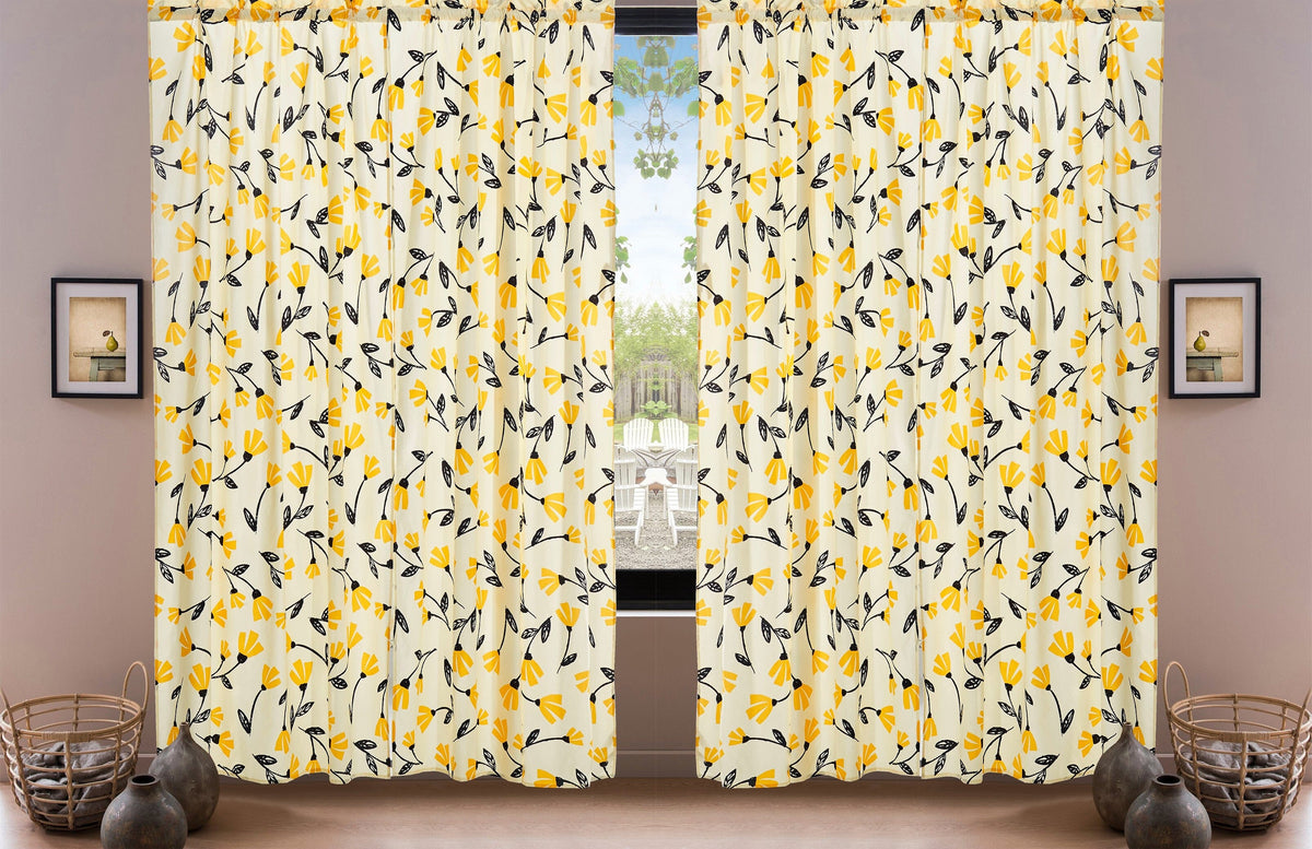 DaDa Bedding Set of 2 Botanical Floral Window Curtain Panels - Natural Semi Sheer Yellow Fleur Golden Orange Spring Time Tulips Straight Tailored Edge