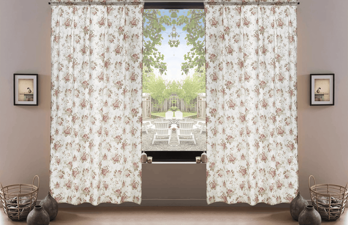 DaDa Bedding Set of 2-Pieces Hint of Mint Dainty Floral Pink Roses Cottage Sheer Window Panel Curtains (JHW3036)