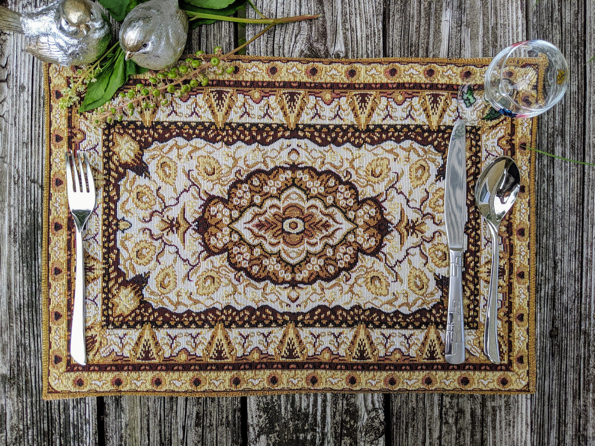 DaDa Bedding Set of 4-6 Pieces Royal Persian Style Rug Golden Brown Floral Tapestry Placemats 13” x 19” (18119)