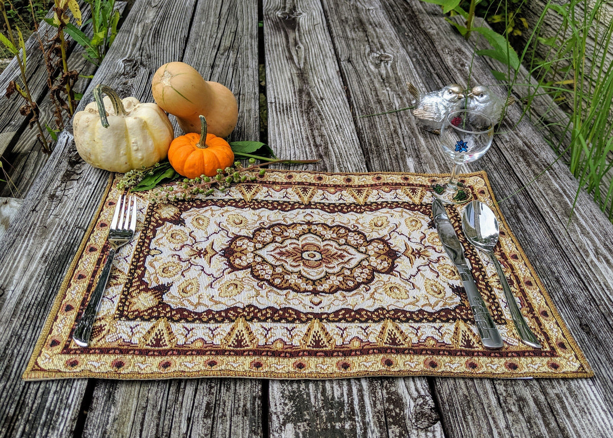 DaDa Bedding Set of 4-6 Pieces Royal Persian Style Rug Golden Brown Floral Tapestry Placemats 13” x 19” (18119)