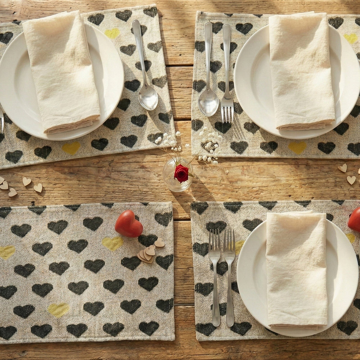 DaDa Bedding Set of 4-Pieces Lovely Yellow & Black Hearts Tapestry Dining Table Placemats 13” x 19” (18113)