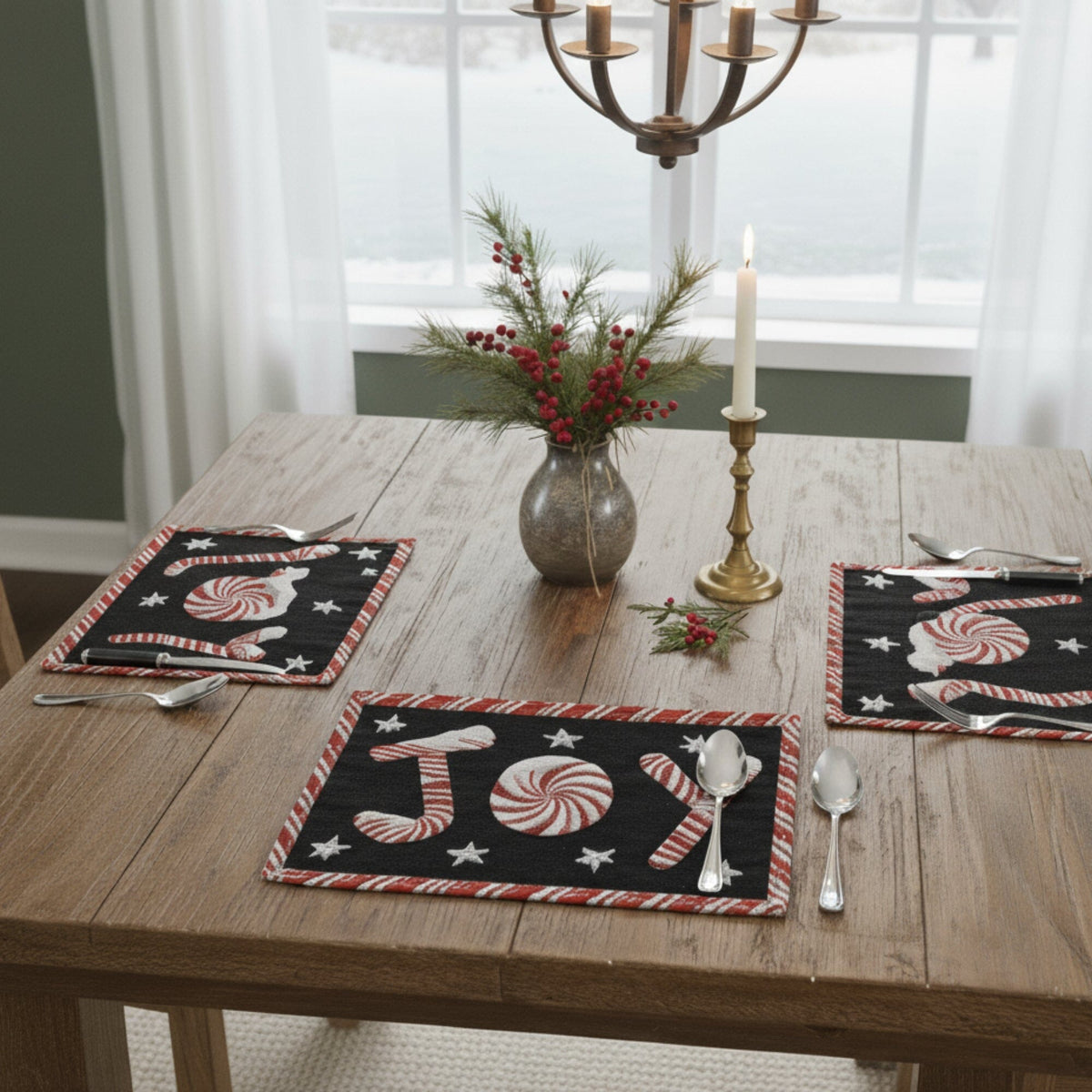 DaDa Bedding Set of 4-Pieces Peppermint Joy Holiday Tapestry Placemats 13” x 19” (12904)