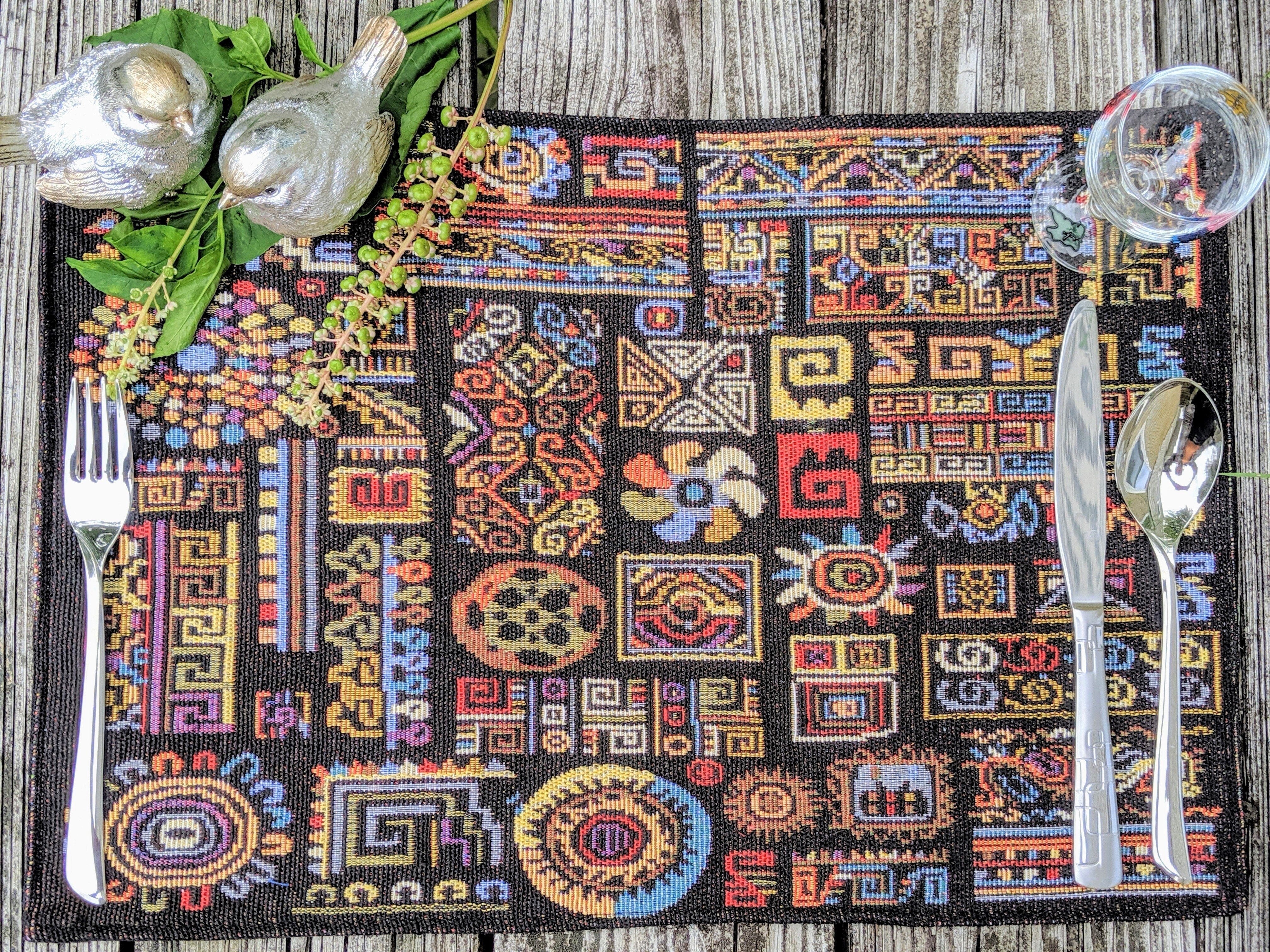DaDa Bedding Set of 8 Pieces Ethnic Ornaments Table Woven Black Tapestry - 4 Placemats, 2 Table Runners, 2 Throw Pillow Covers (18118)