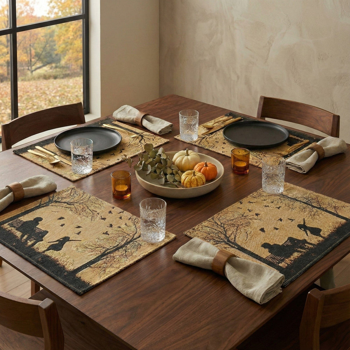 DaDalogy Bedding Set of 4 Pieces Autumn Birds Blessing Tapestry Dining Placemats 13” x 19” (Halloween)