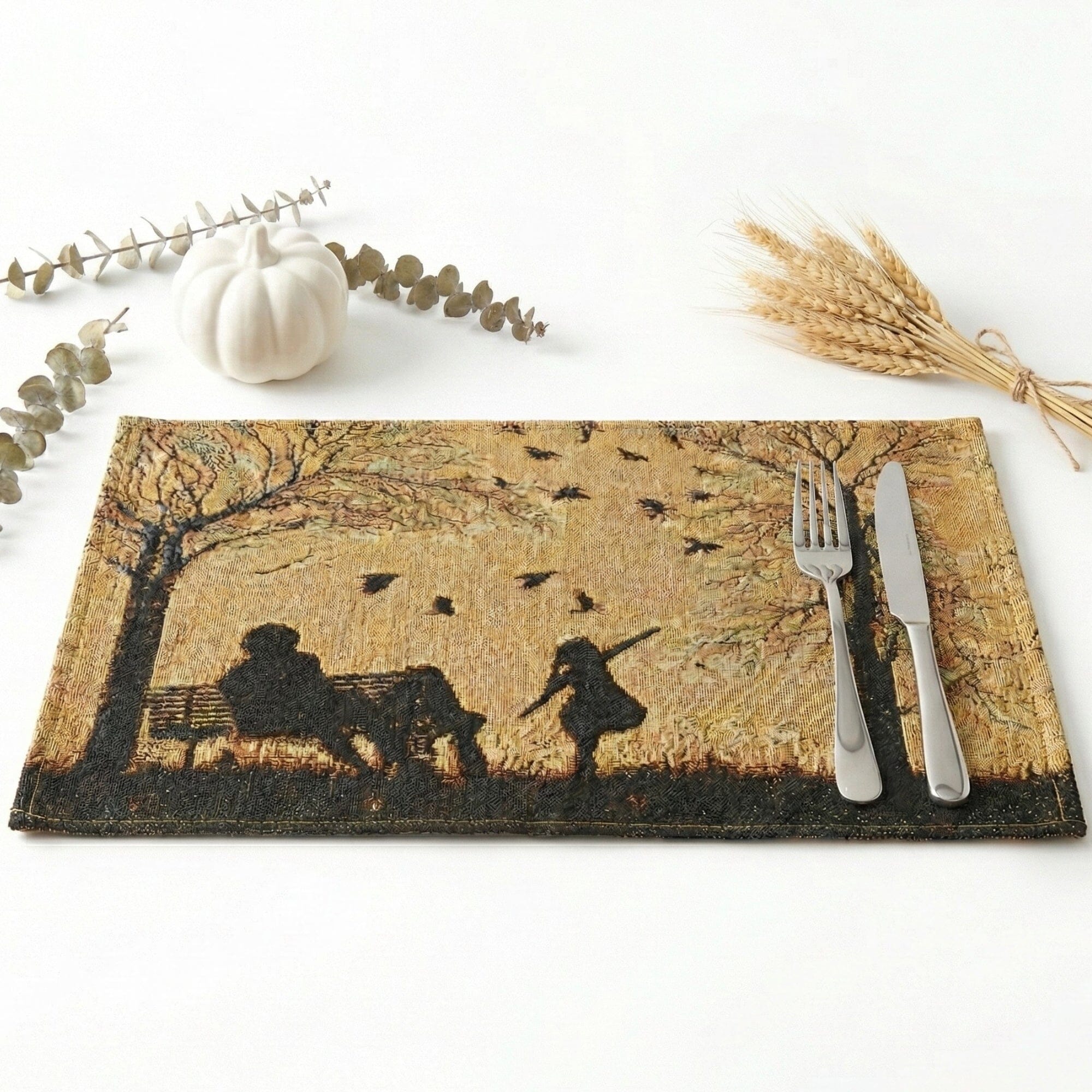 DaDalogy Bedding Set of 4 Pieces Autumn Birds Blessing Tapestry Dining Placemats 13” x 19” (Halloween)