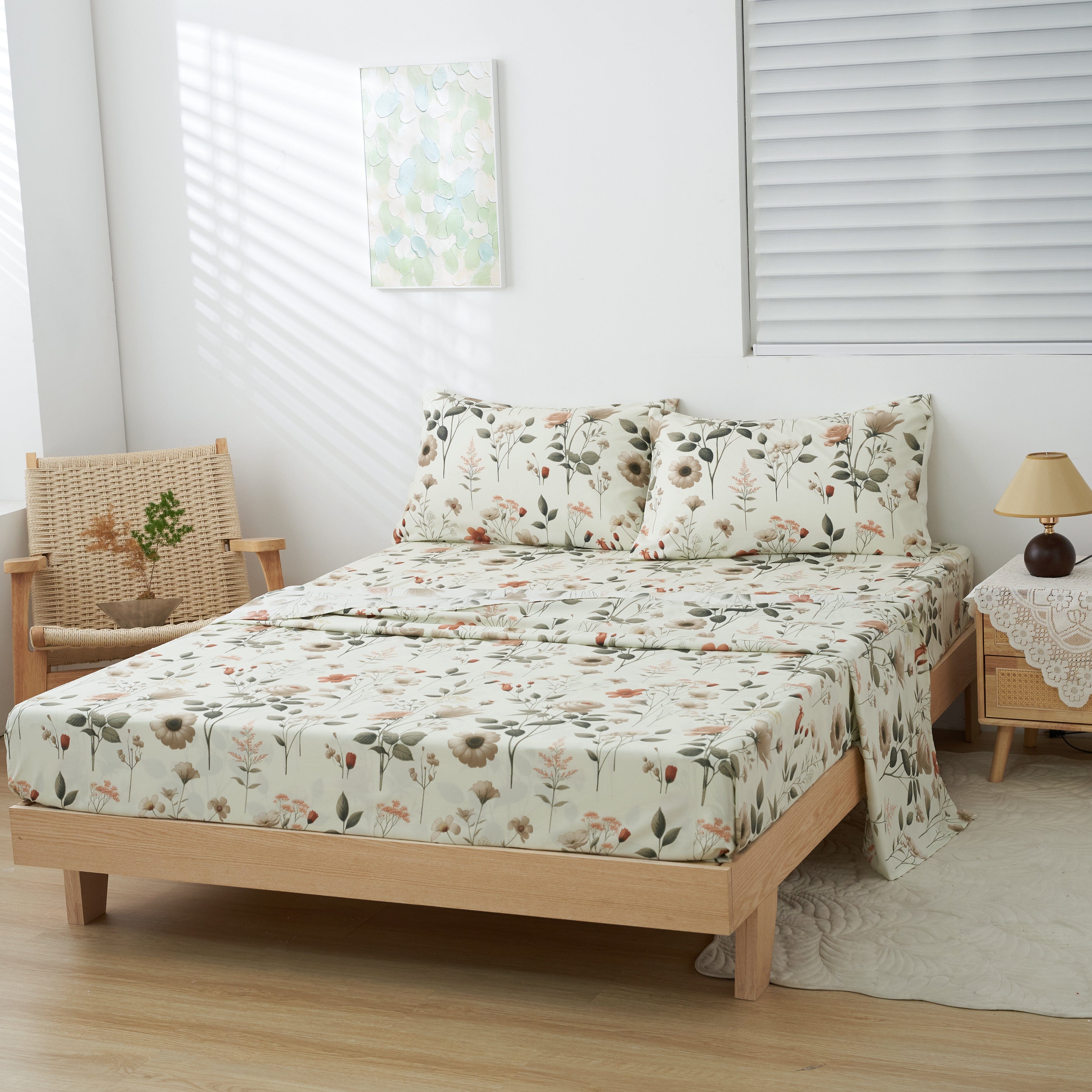 DaDalogy Enchanted Meadow Bed Sheet Set - Floral Harmony in Beige, Rose, and Soft Green, Premium Soft Microfiber, Machine Washable, Deep Pocket 14 - 15 Inches + Flat Sheet