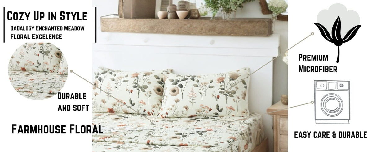 DaDalogy Enchanted Meadow Bed Sheet Set - Floral Harmony in Beige, Rose, and Soft Green, Premium Soft Microfiber, Machine Washable, Deep Pocket 14 - 15 Inches + Flat Sheet