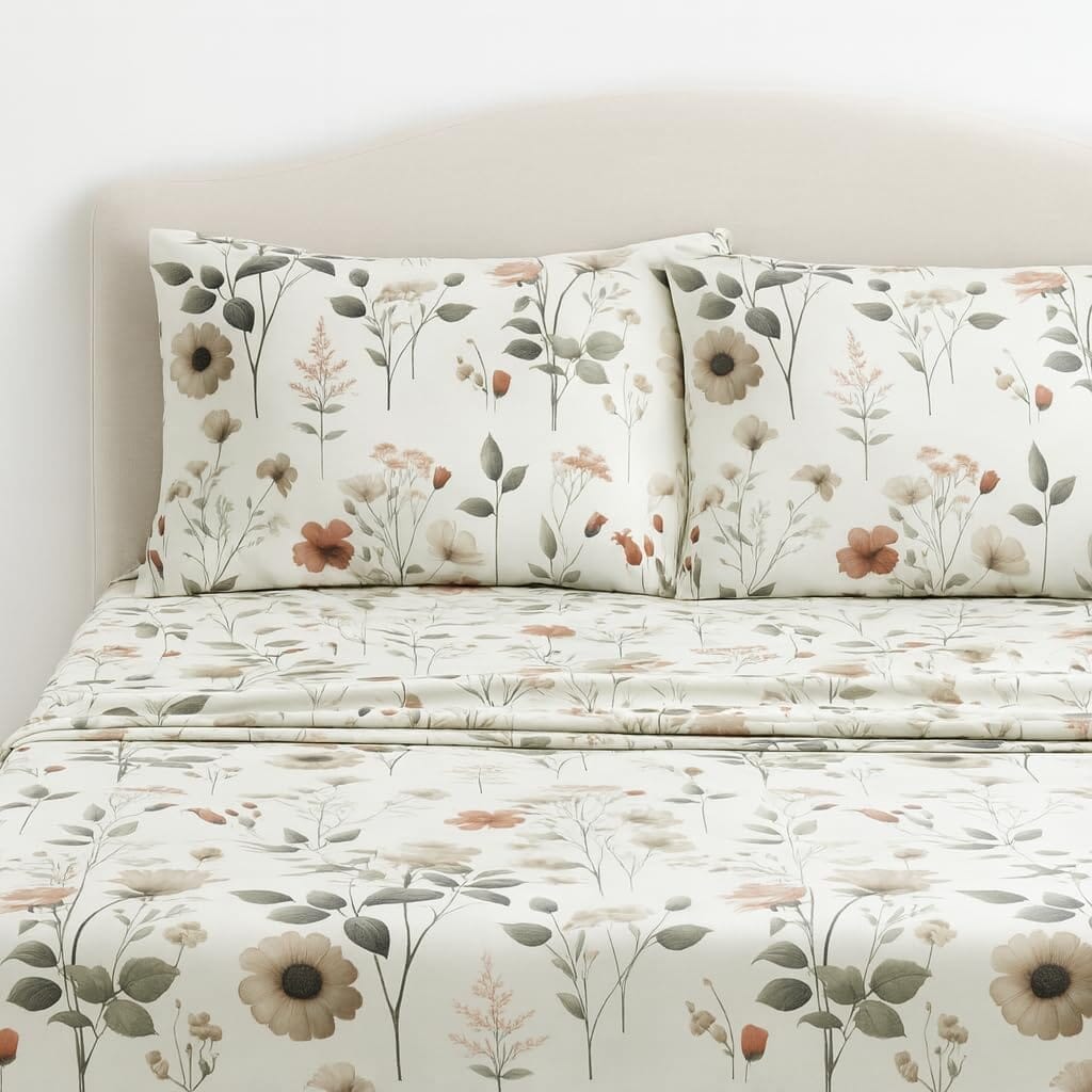 DaDalogy Enchanted Meadow Bed Sheet Set - Floral Harmony in Beige, Rose, and Soft Green, Premium Soft Microfiber, Machine Washable, Deep Pocket 14 - 15 Inches + Flat Sheet