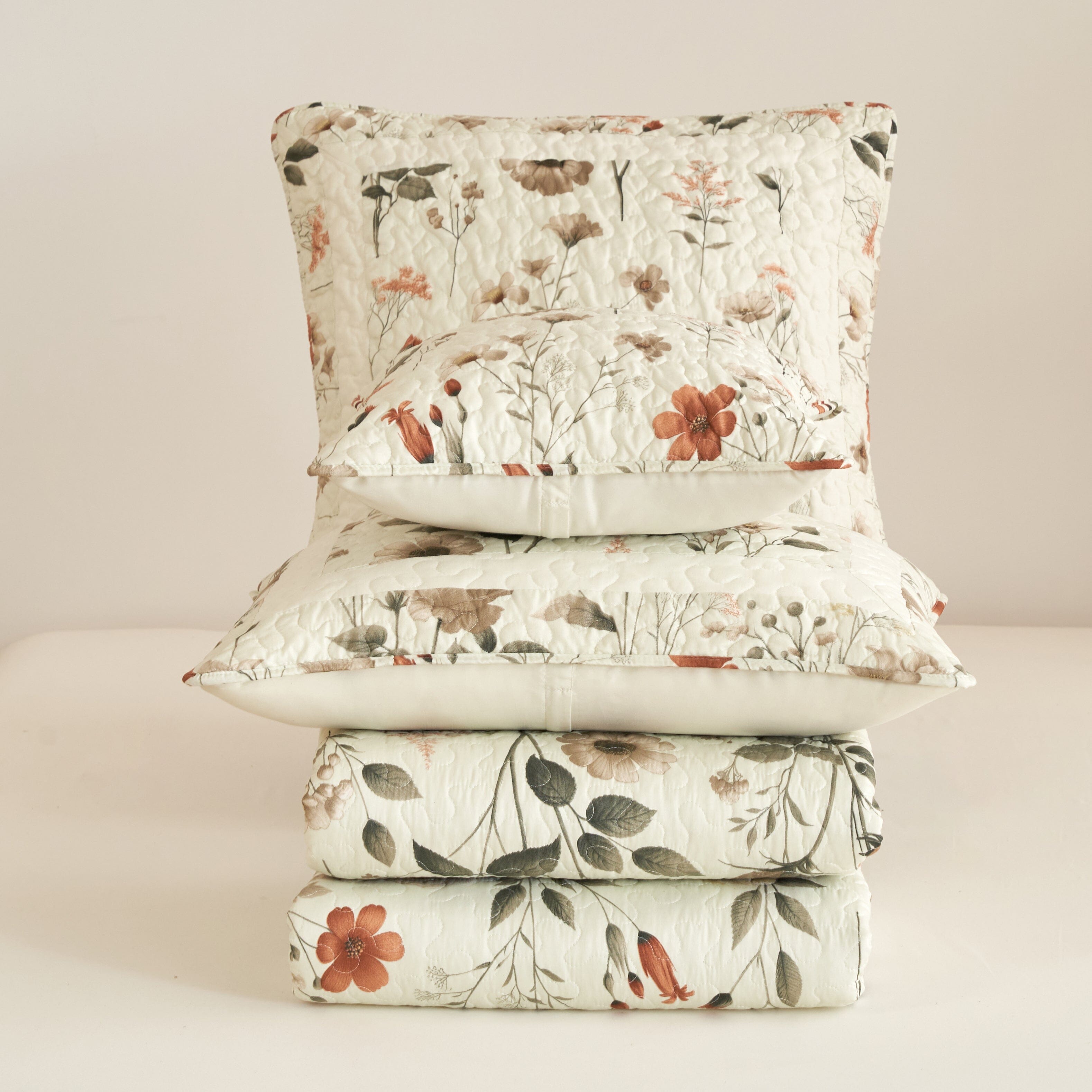 DaDalogy Enchanted Meadow Quilt Set - Victoria Garden Delicate Floral Symphony in Beige, Rose, and Soft Green, Luxuriously Soft Quilted Bedspread Set