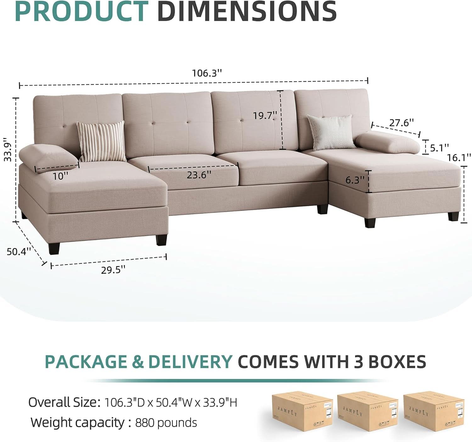 Dark Beige U Shaped Sectional Sofa With Chaise 4 Seats