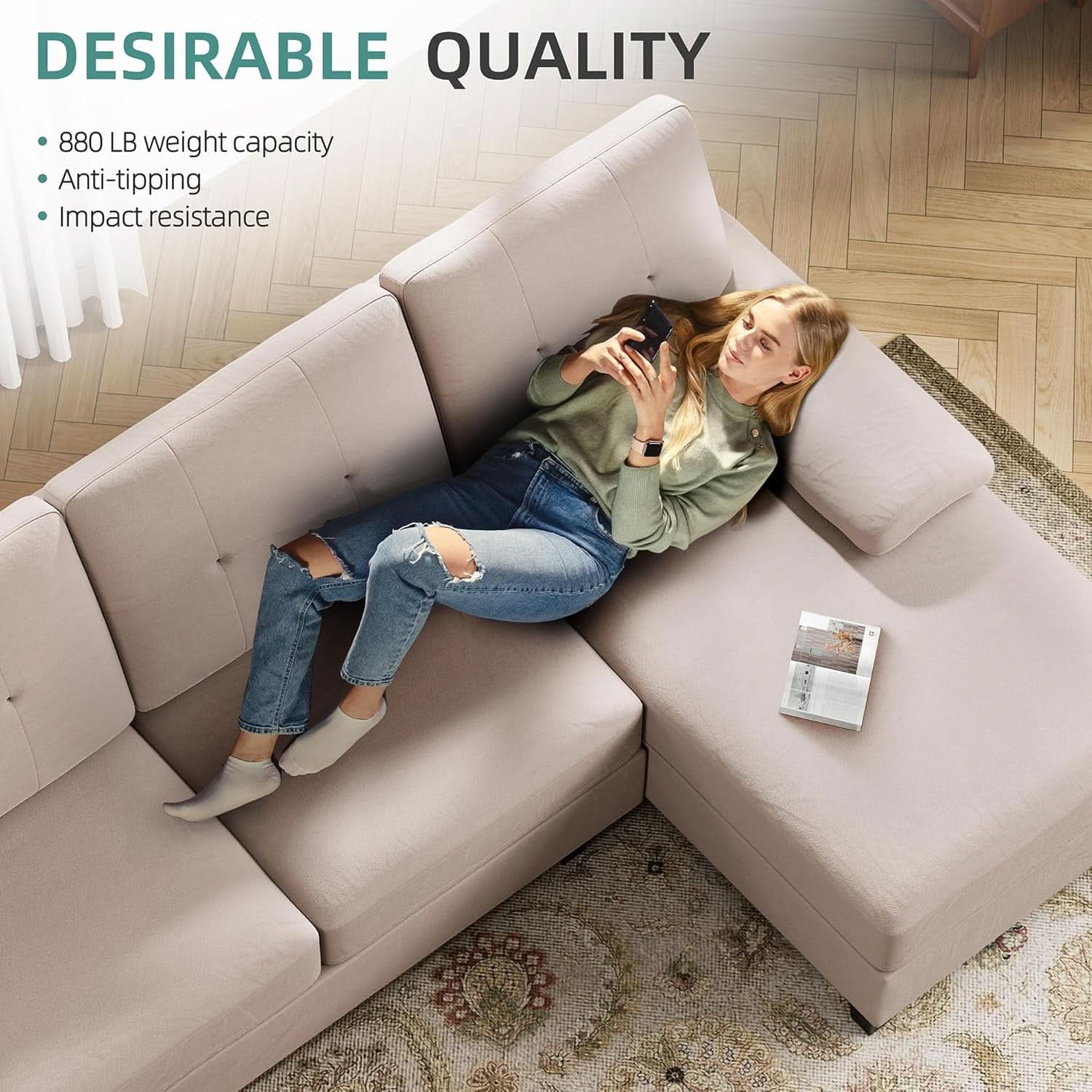 Dark Beige U Shaped Sectional Sofa With Chaise 4 Seats