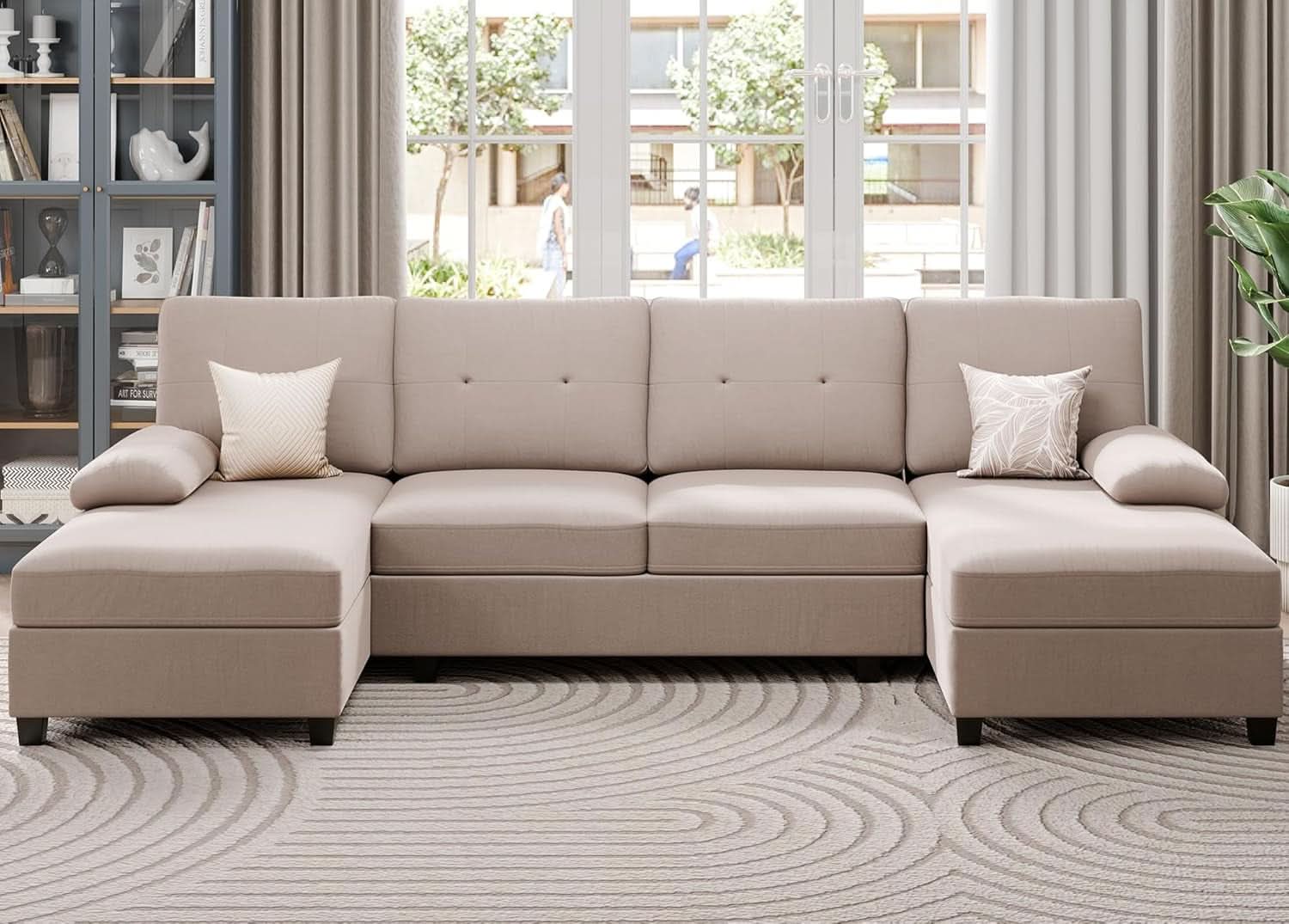 Dark Beige U Shaped Sectional Sofa With Chaise 4 Seats