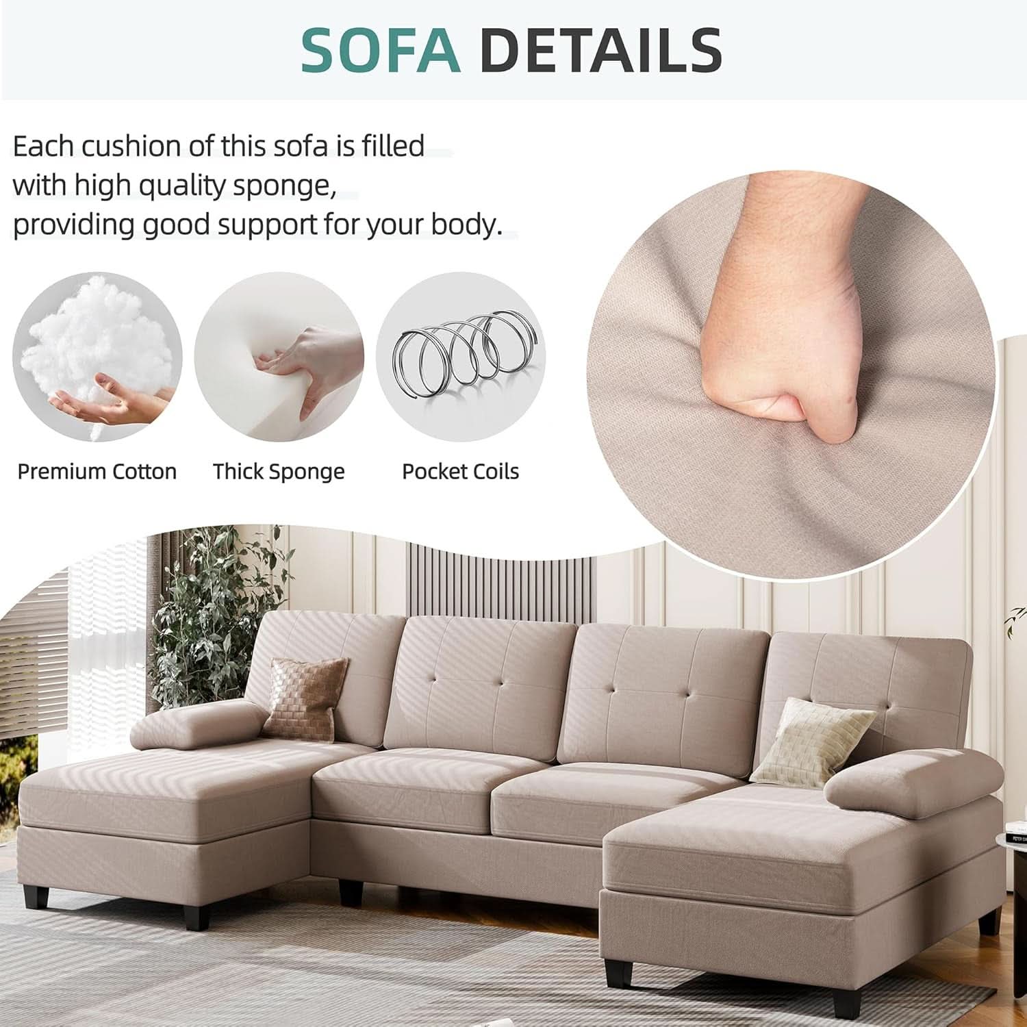 Dark Beige U Shaped Sectional Sofa With Chaise 4 Seats