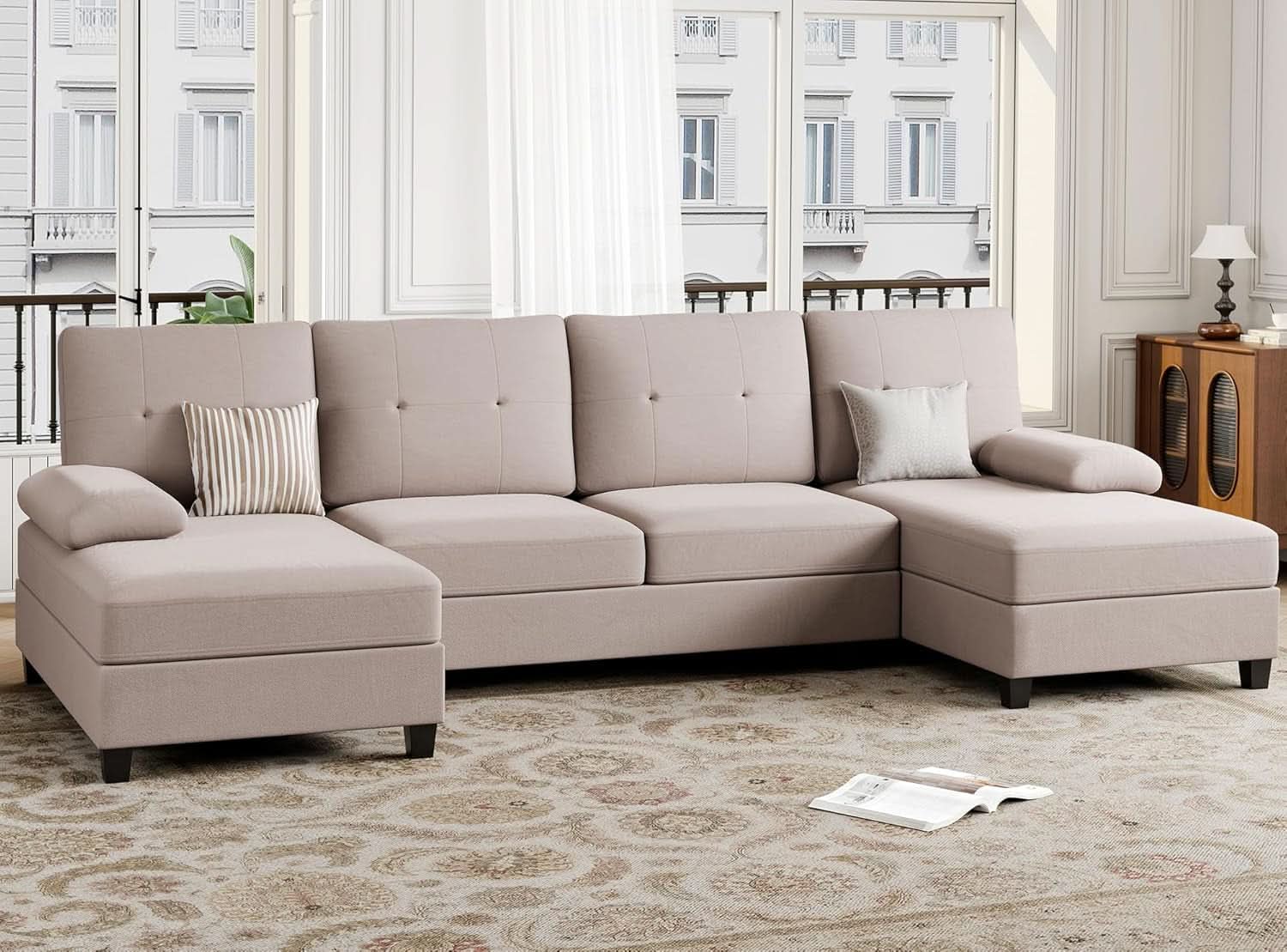 Dark Beige U Shaped Sectional Sofa With Chaise 4 Seats