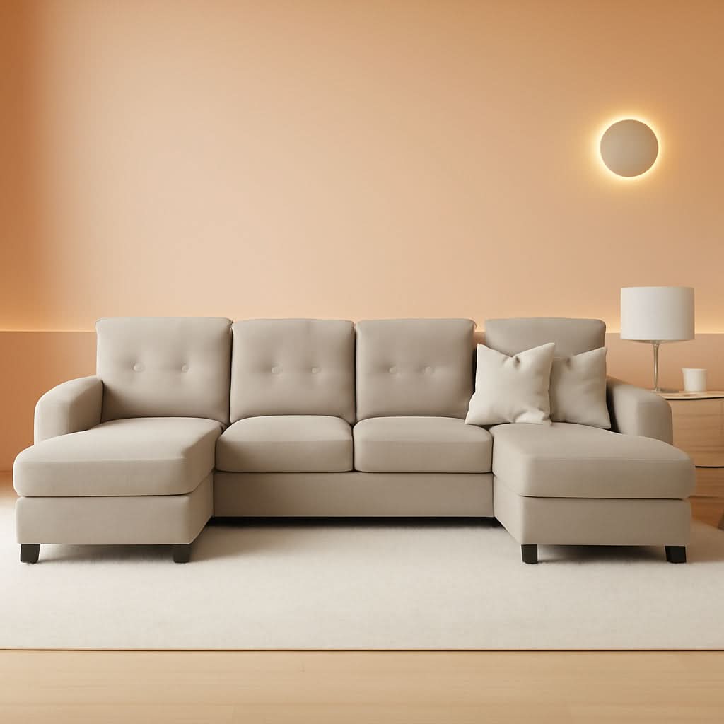 Dark Beige U Shaped Sectional Sofa With Chaise 4 Seats