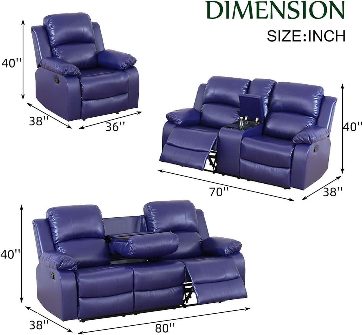 Dark Blue Leather Recliner Sofa Set For Living Room 3 Piece