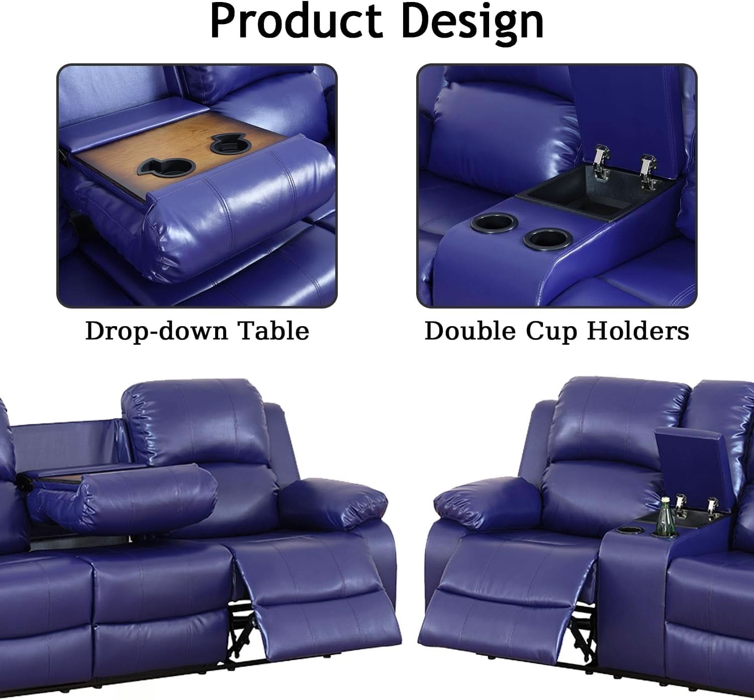 Dark Blue Leather Recliner Sofa Set For Living Room 3 Piece