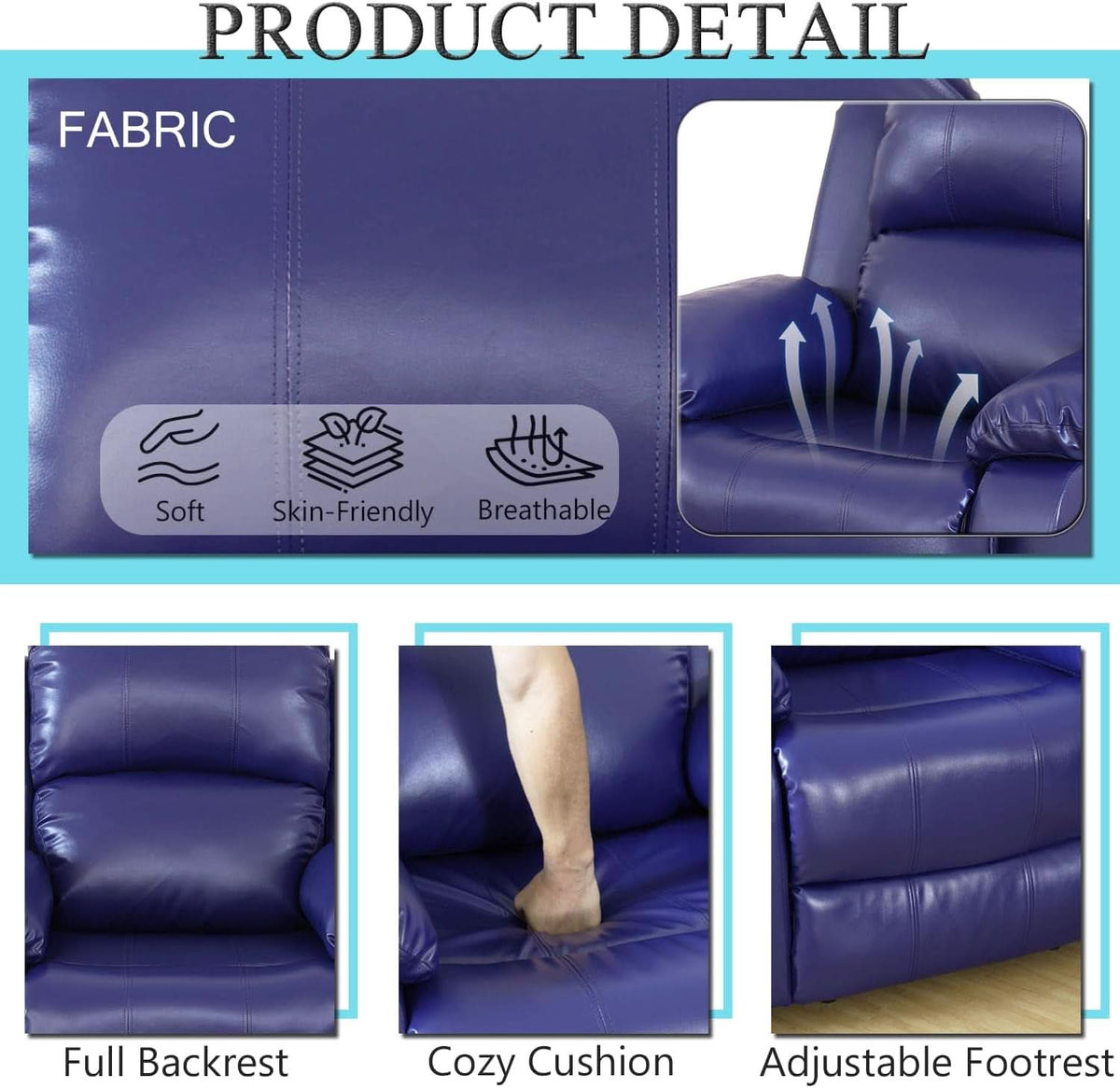 Dark Blue Leather Recliner Sofa Set For Living Room 3 Piece