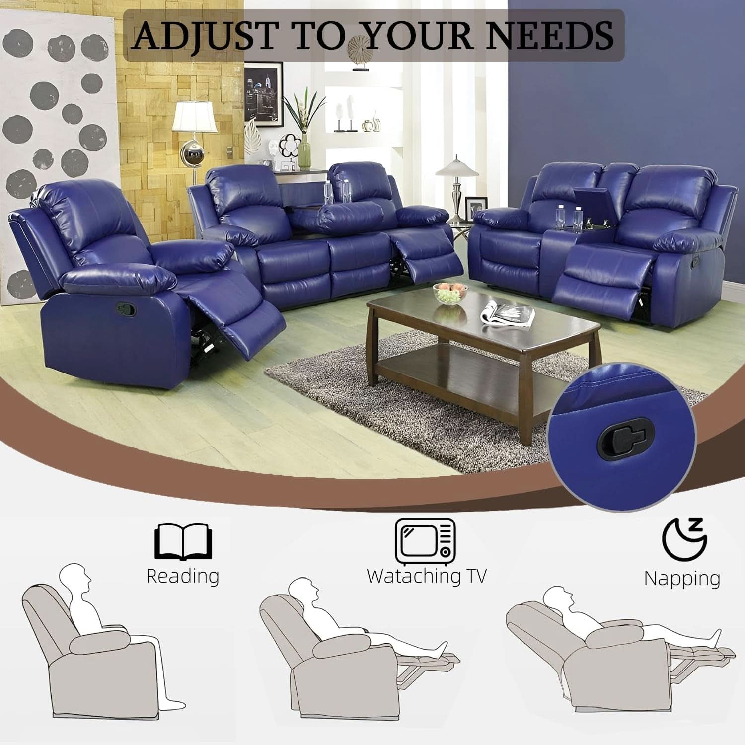 Dark Blue Leather Recliner Sofa Set For Living Room 3 Piece