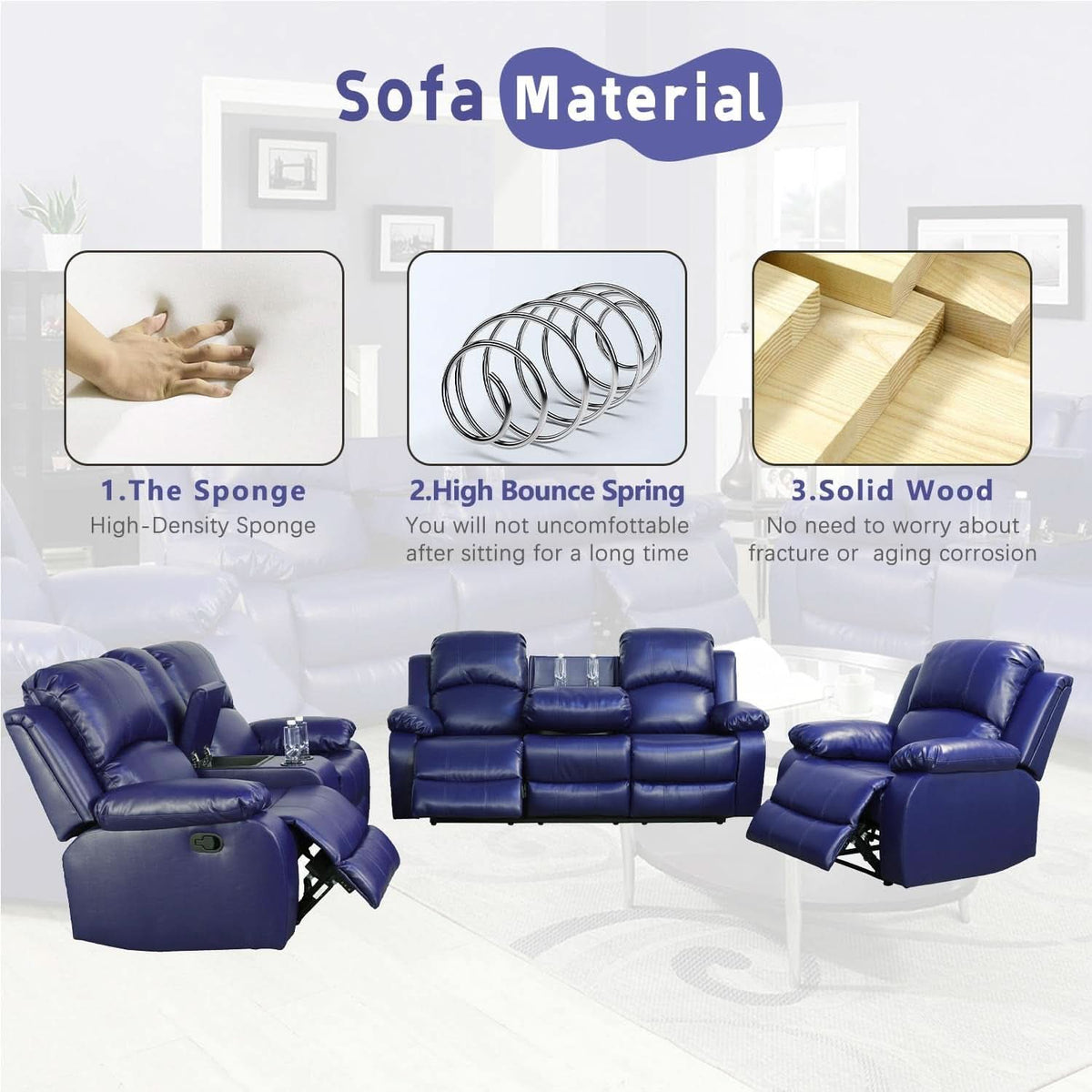 Dark Blue Leather Recliner Sofa Set For Living Room 3 Piece