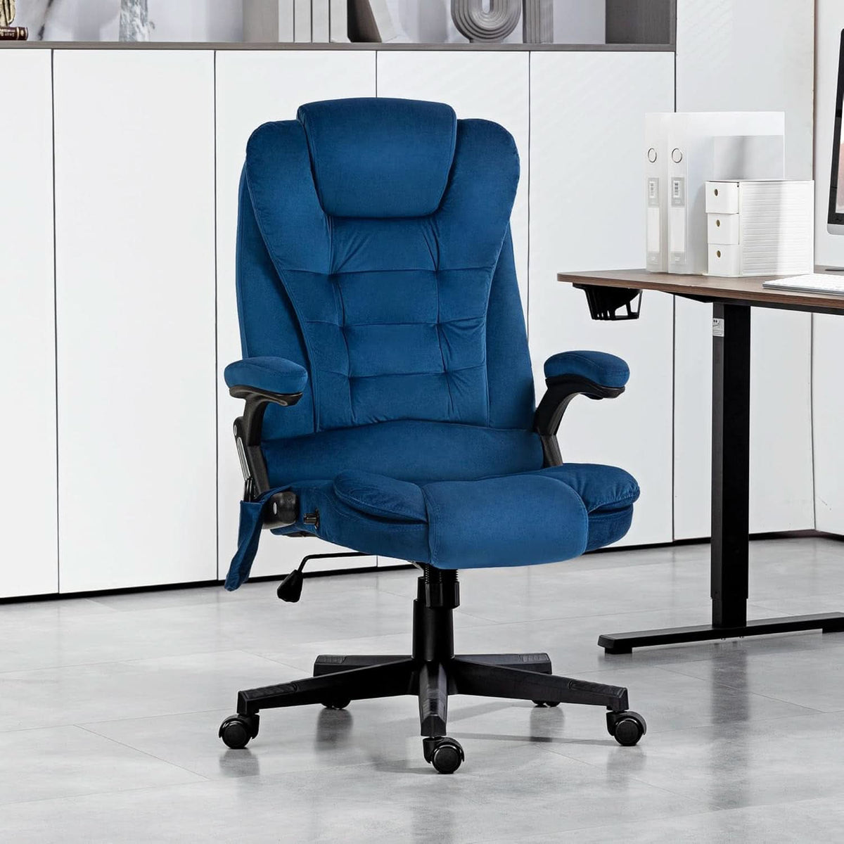 Dark Blue Velvet Massage Office Chair With Heat And Recline