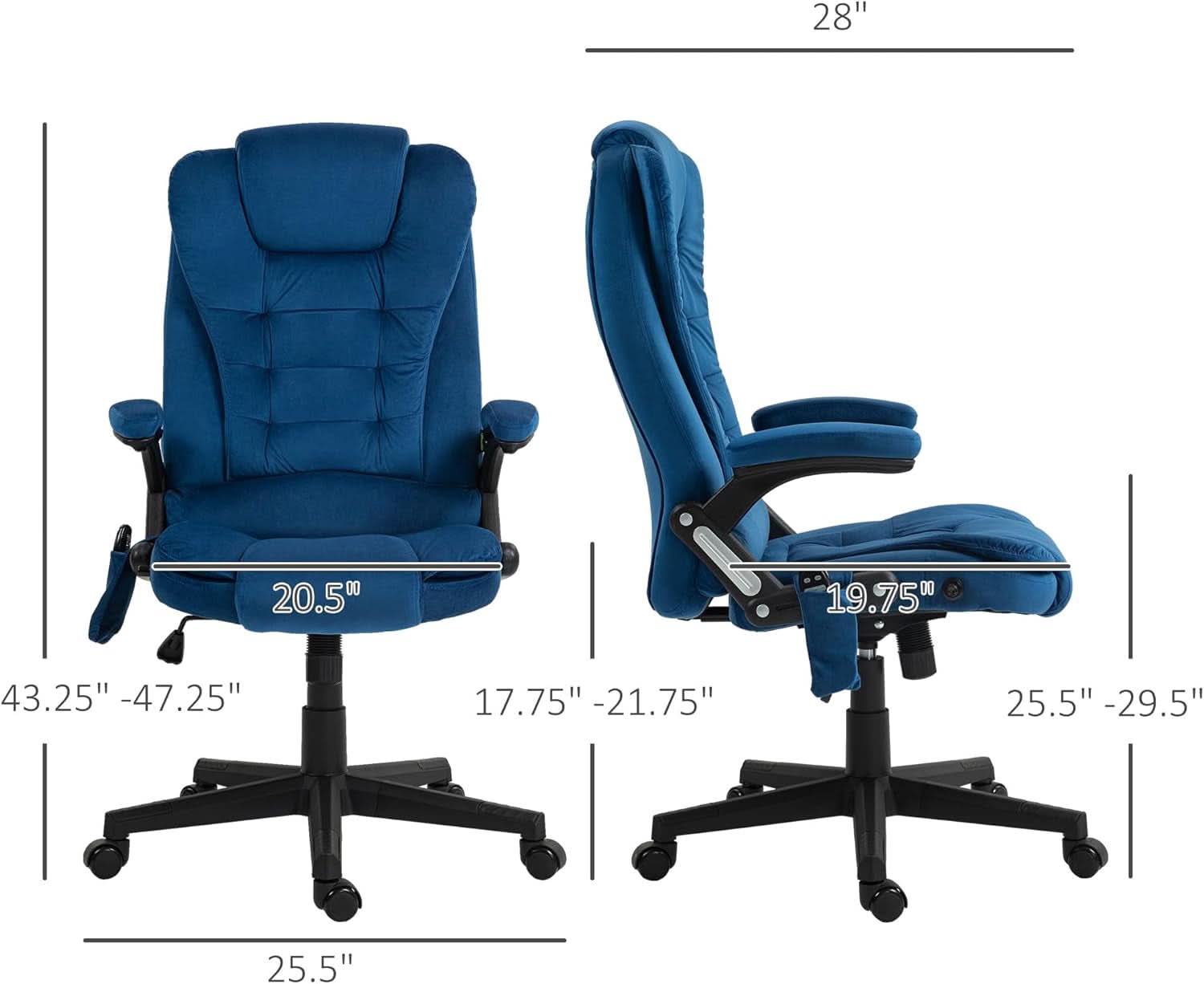 Dark Blue Velvet Massage Office Chair With Heat And Recline