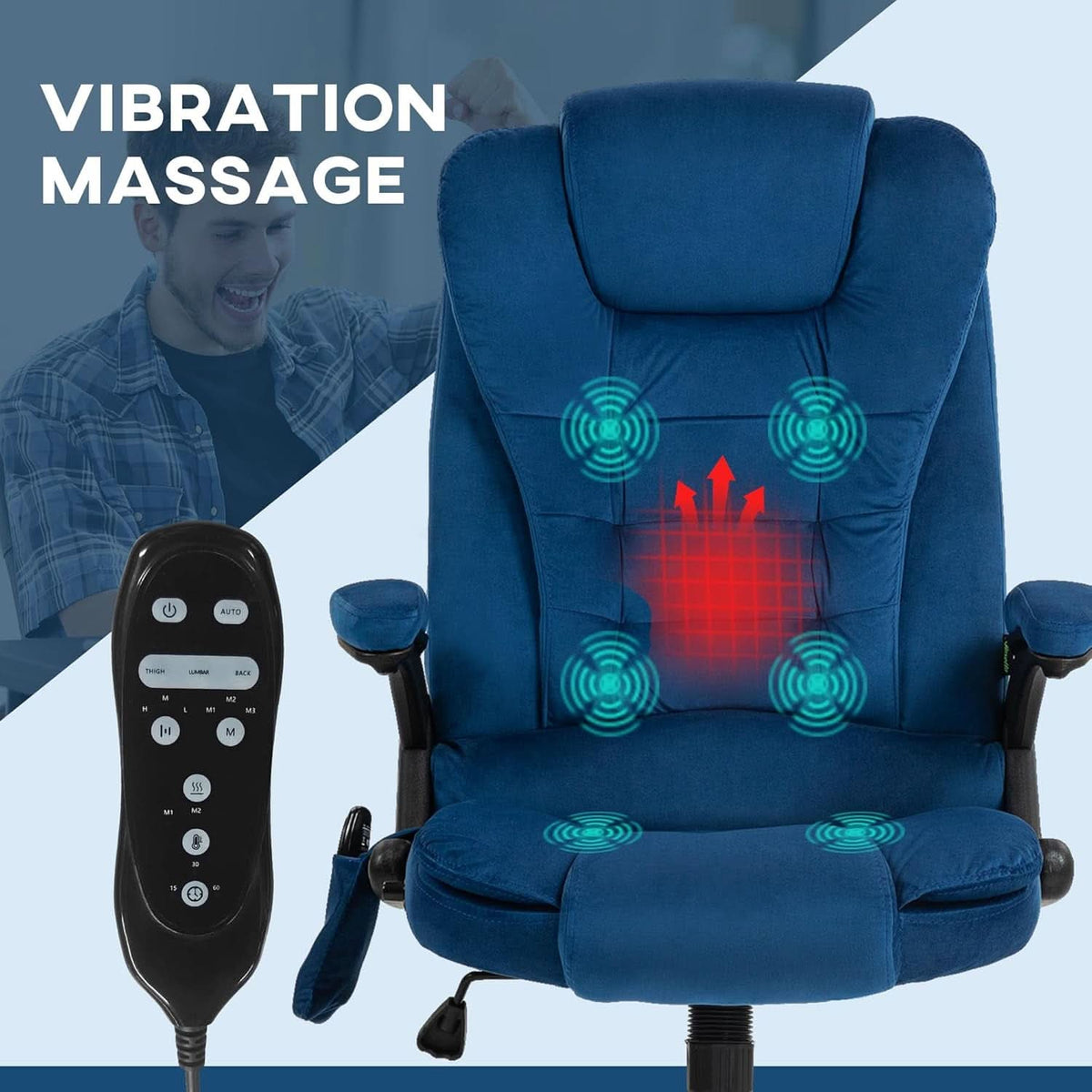 Dark Blue Velvet Massage Office Chair With Heat And Recline