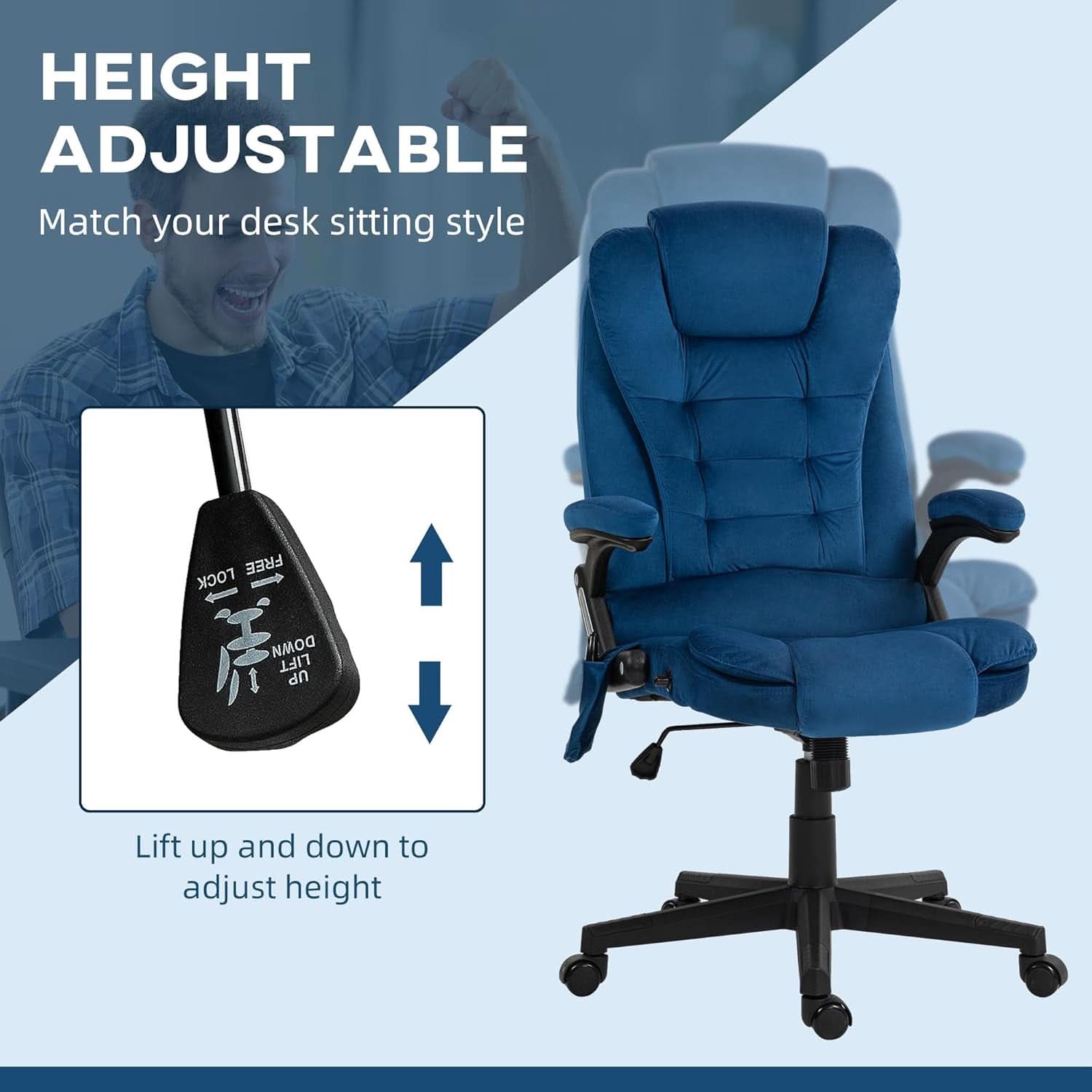 Dark Blue Velvet Massage Office Chair With Heat And Recline