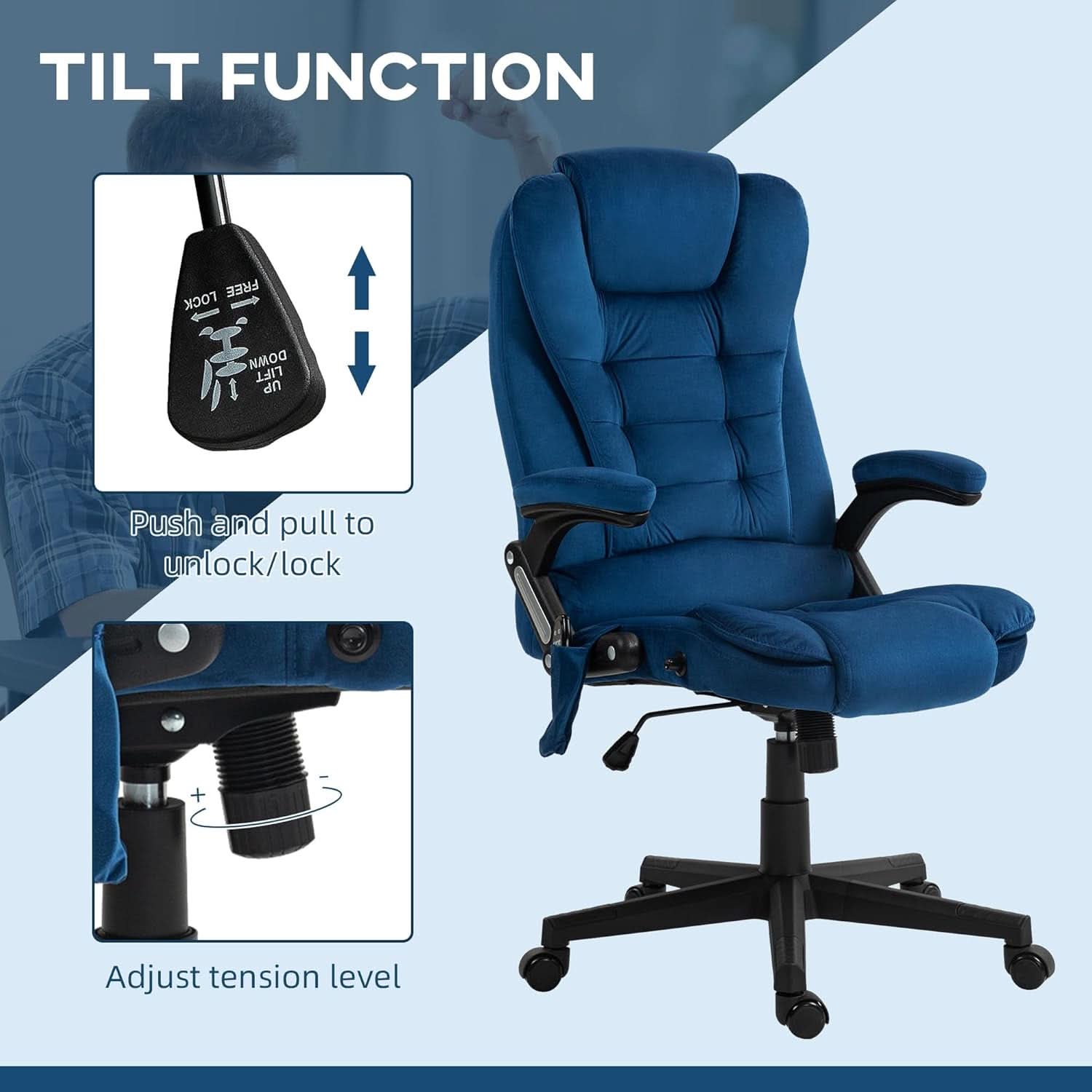 Dark Blue Velvet Massage Office Chair With Heat And Recline