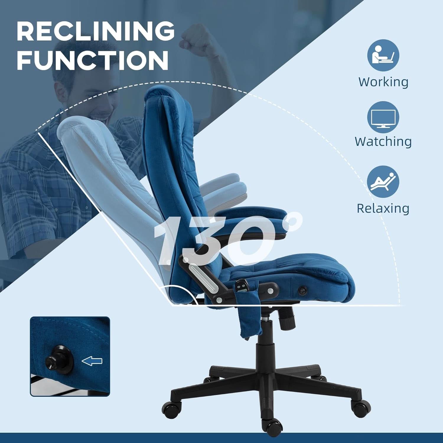 Dark Blue Velvet Massage Office Chair With Heat And Recline