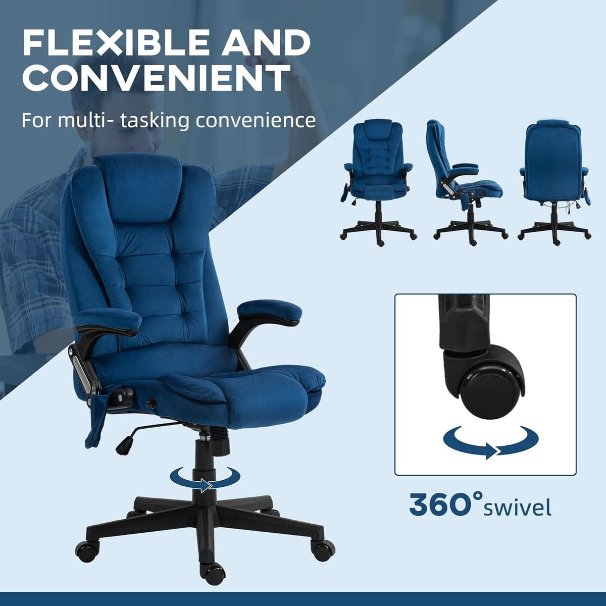 Dark Blue Velvet Massage Office Chair With Heat And Recline