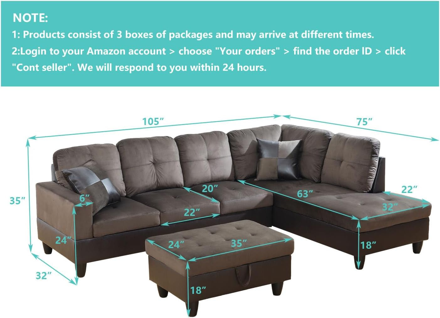 Dark Brown 105 Inch Sectional Sofa With Storage Ottoman Right Chaise