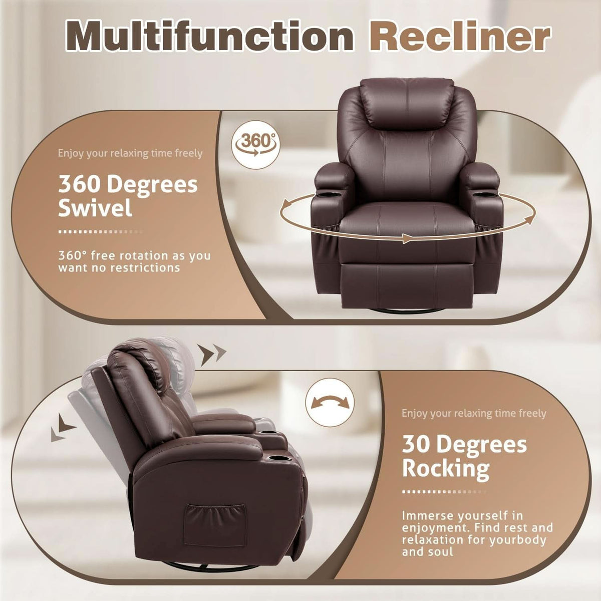 Dark Brown 360 Degree Swivel Recliner Chair With Massage