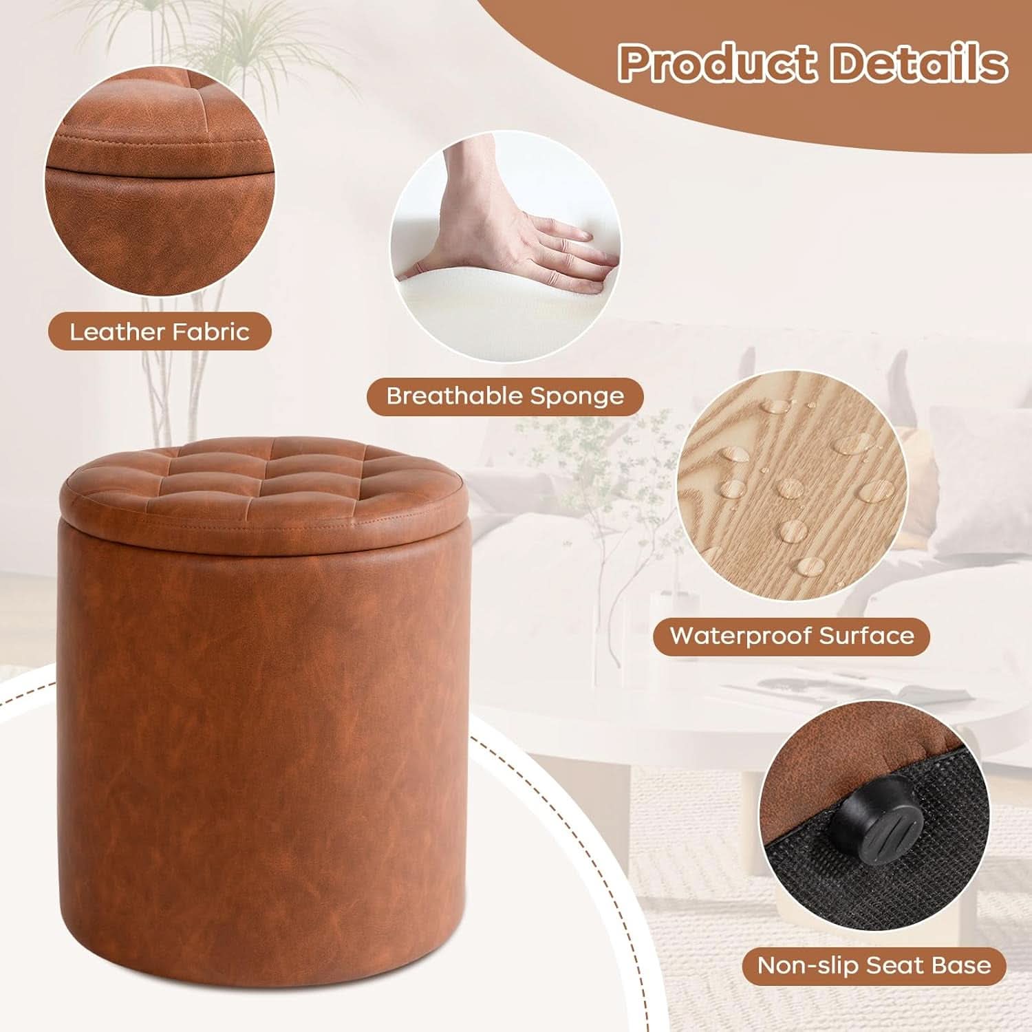 Dark Brown Faux Leather Round Storage Ottoman