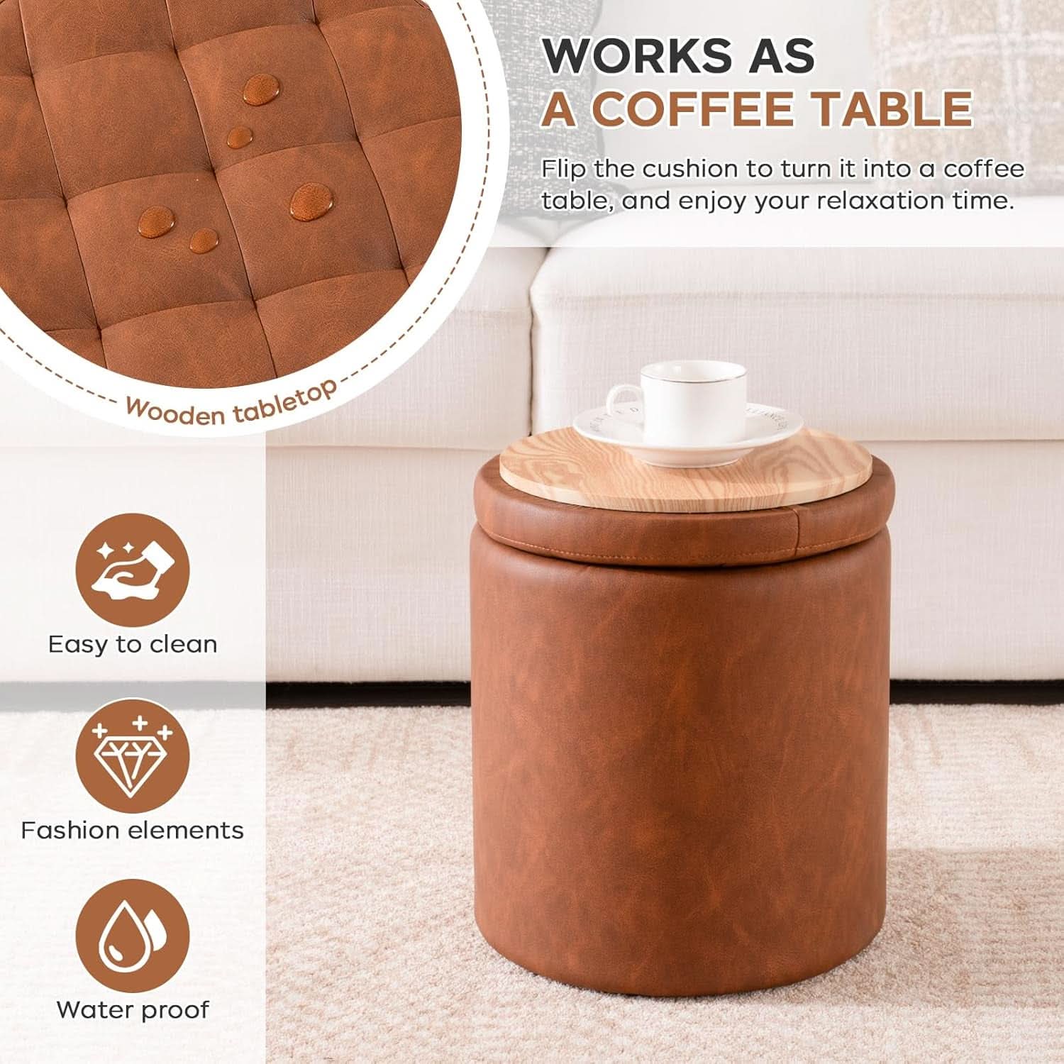 Dark Brown Faux Leather Round Storage Ottoman