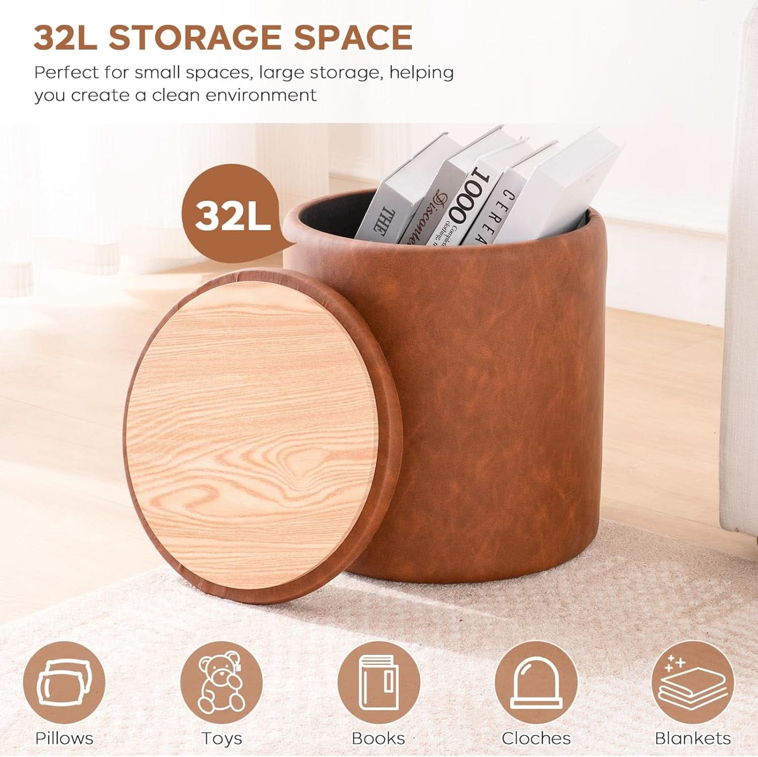 Dark Brown Faux Leather Round Storage Ottoman