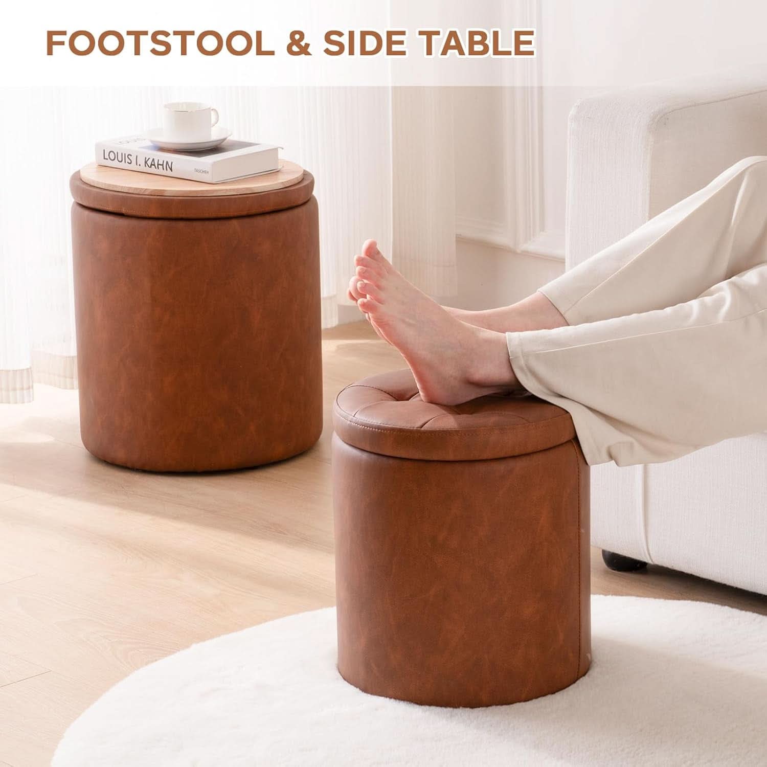 Dark Brown Faux Leather Round Storage Ottoman