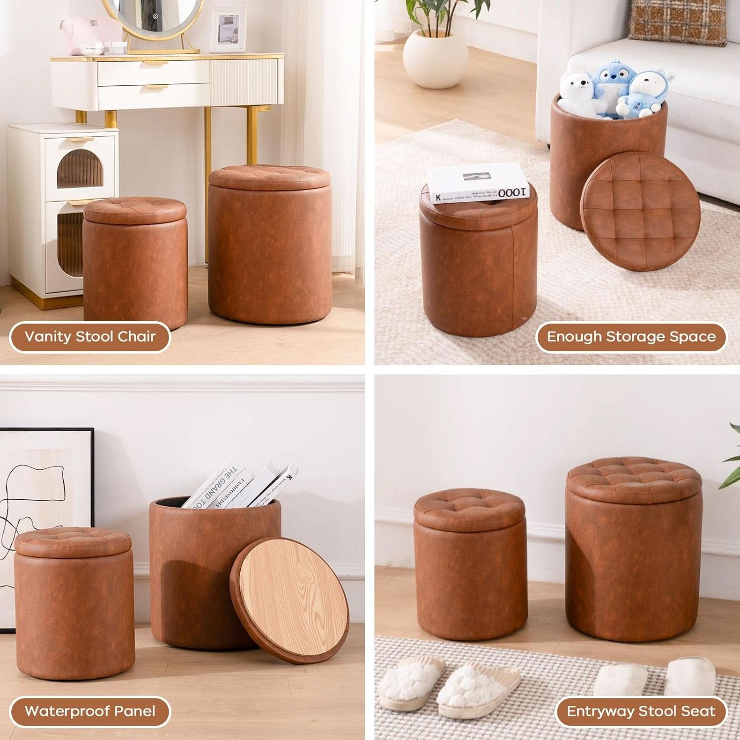 Dark Brown Faux Leather Round Storage Ottoman