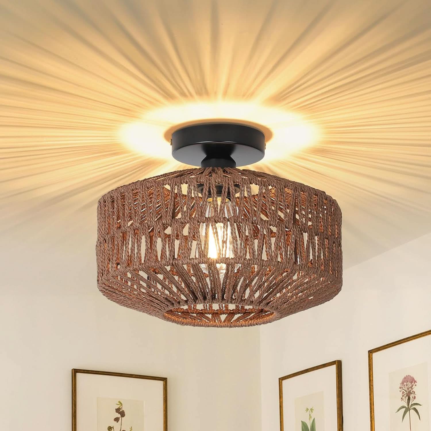 Dark Brown Hand Woven Rattan Ceiling Light With Dimmable LED