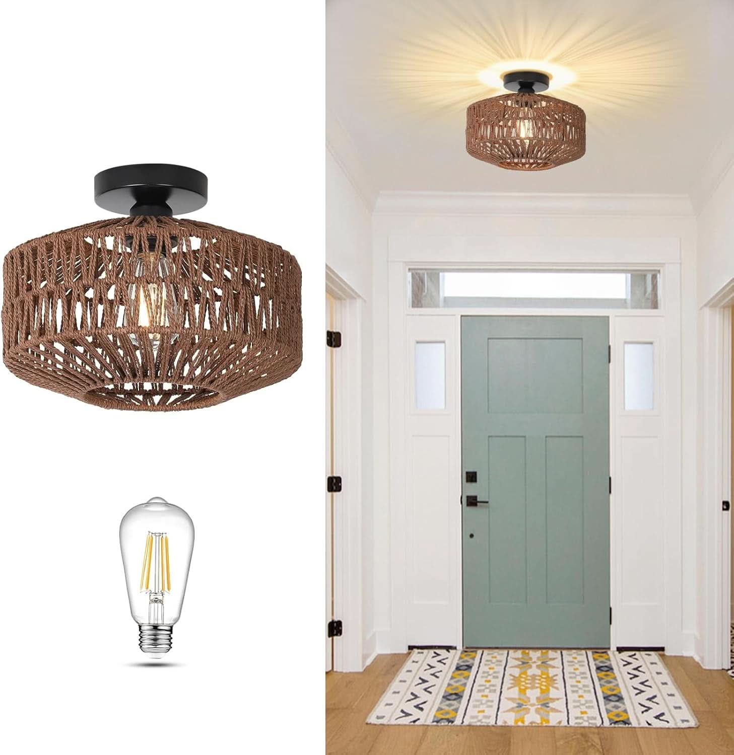 Dark Brown Hand Woven Rattan Ceiling Light With Dimmable LED