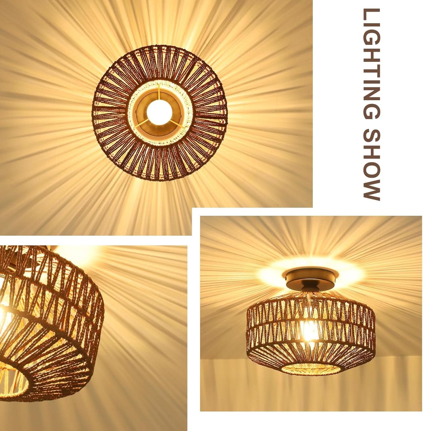 Dark Brown Hand Woven Rattan Ceiling Light With Dimmable LED