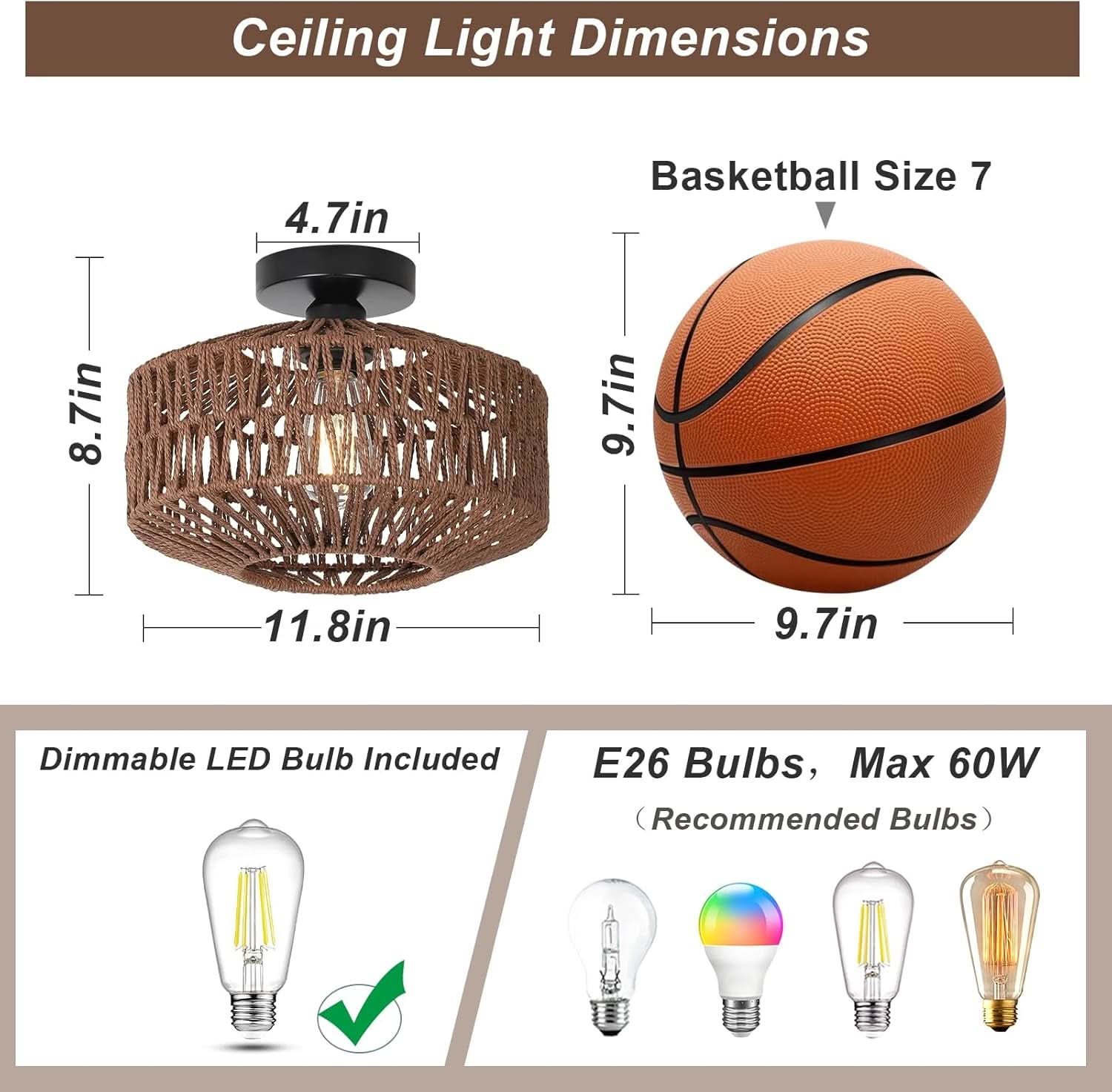 Dark Brown Hand Woven Rattan Ceiling Light With Dimmable LED