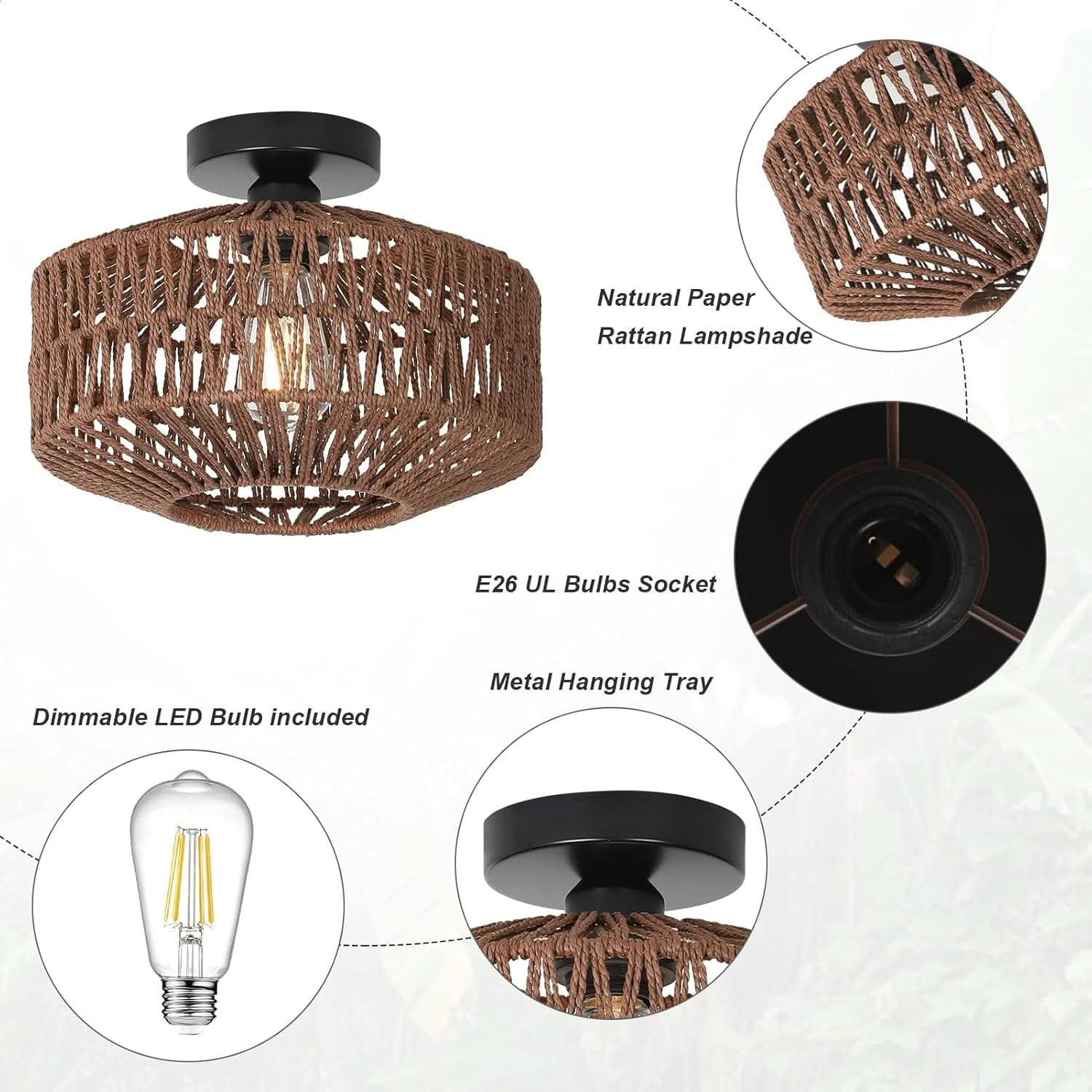 Dark Brown Hand Woven Rattan Ceiling Light With Dimmable LED