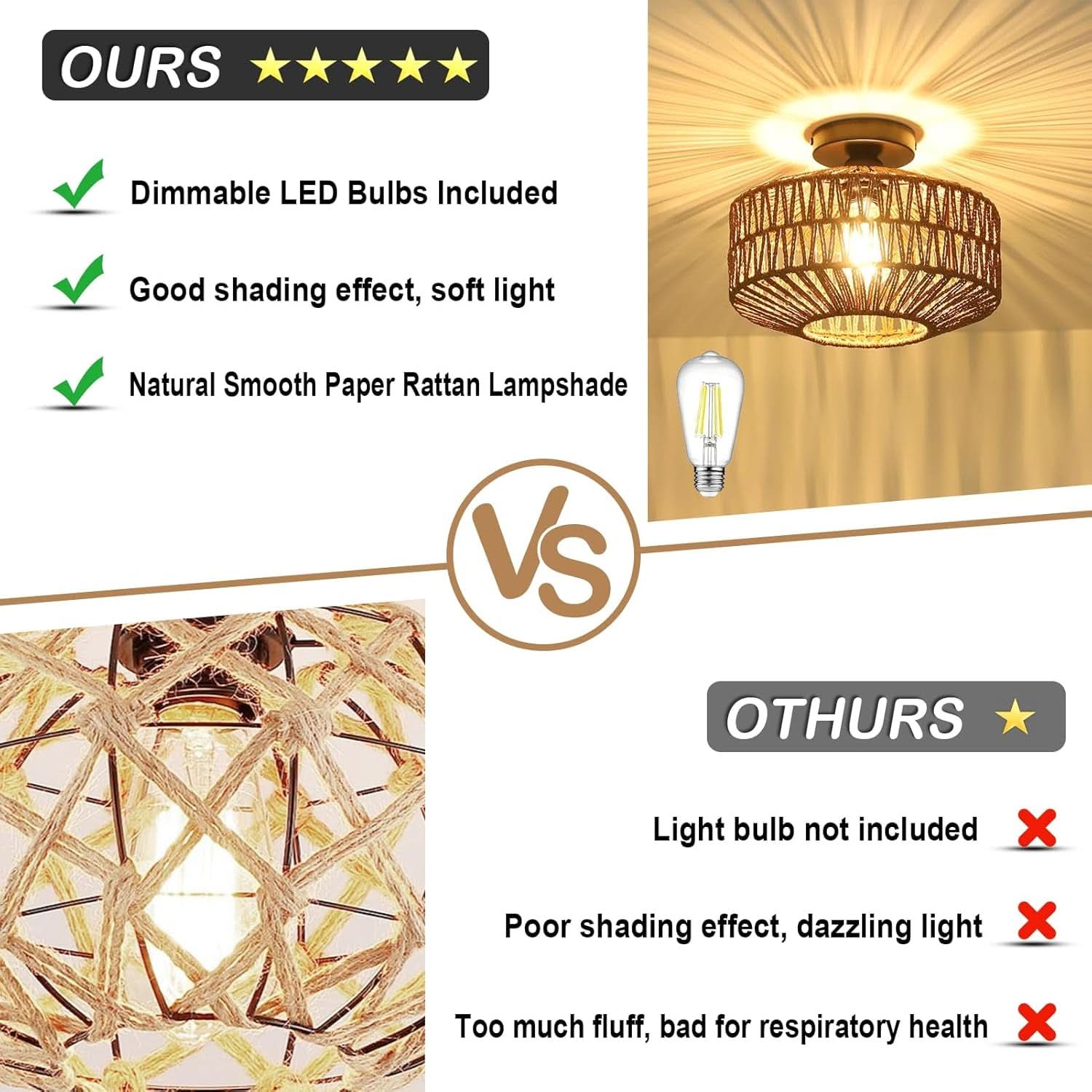 Dark Brown Hand Woven Rattan Ceiling Light With Dimmable LED