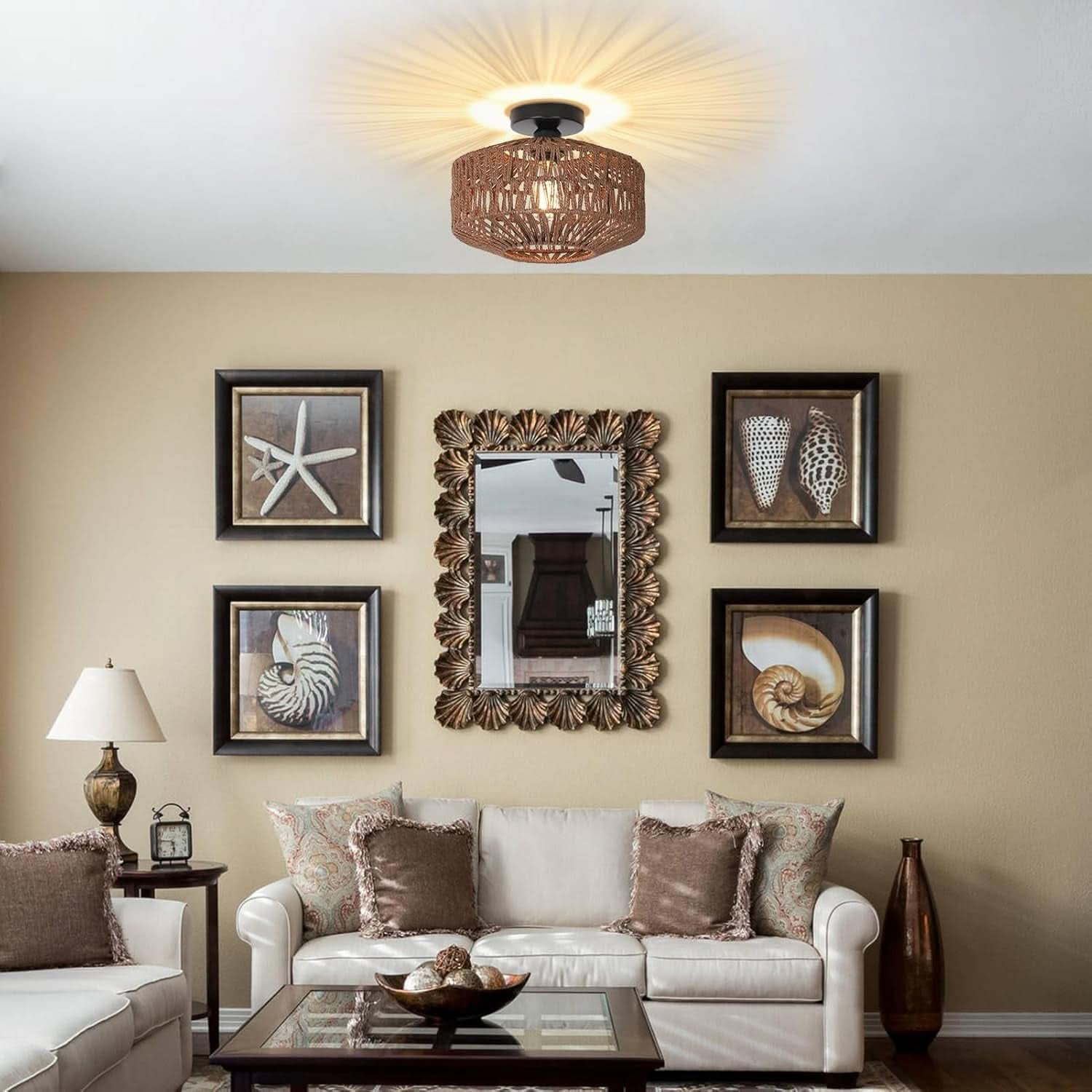 Dark Brown Hand Woven Rattan Ceiling Light With Dimmable LED