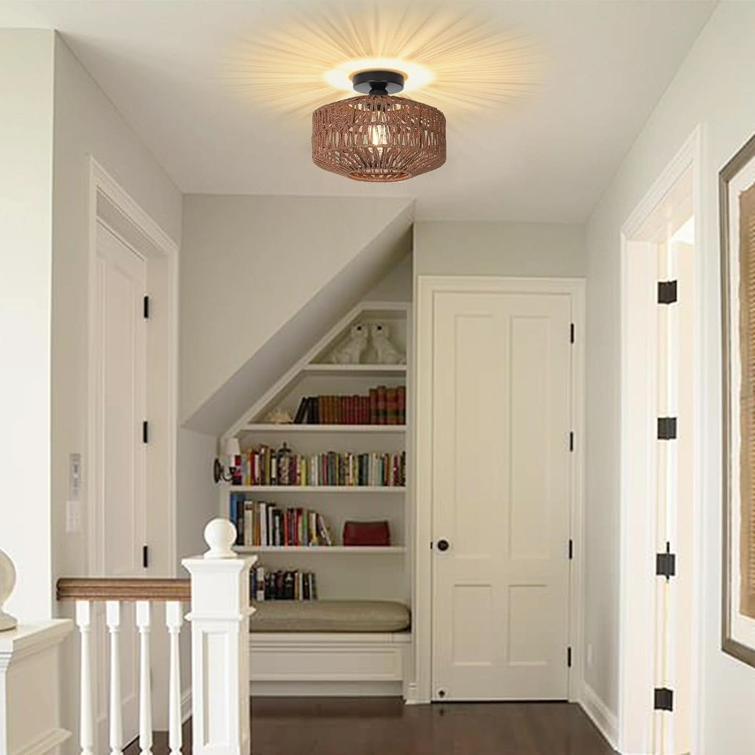 Dark Brown Hand Woven Rattan Ceiling Light With Dimmable LED