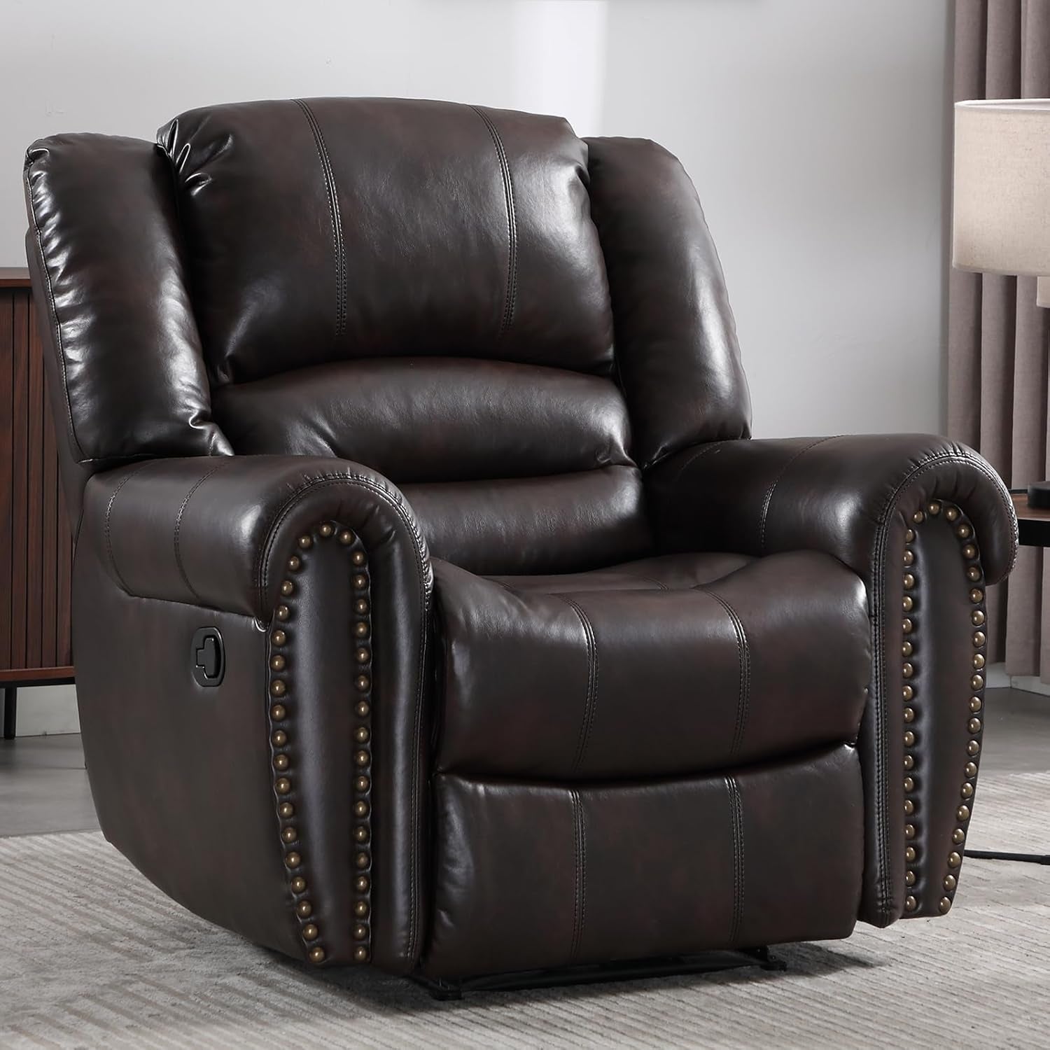 Dark Brown Leather Recliner Chair With Plush Armrests