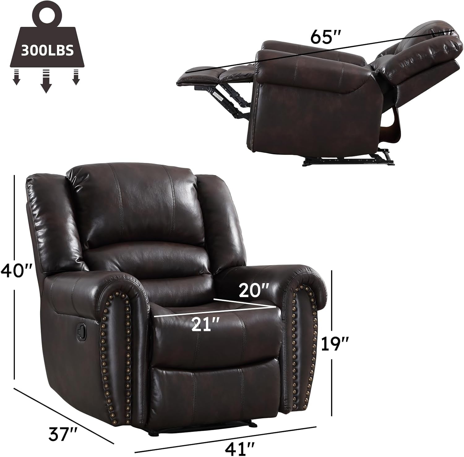 Dark Brown Leather Recliner Chair With Plush Armrests