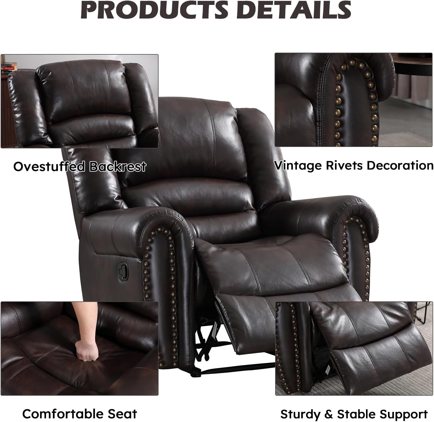 Dark Brown Leather Recliner Chair With Plush Armrests